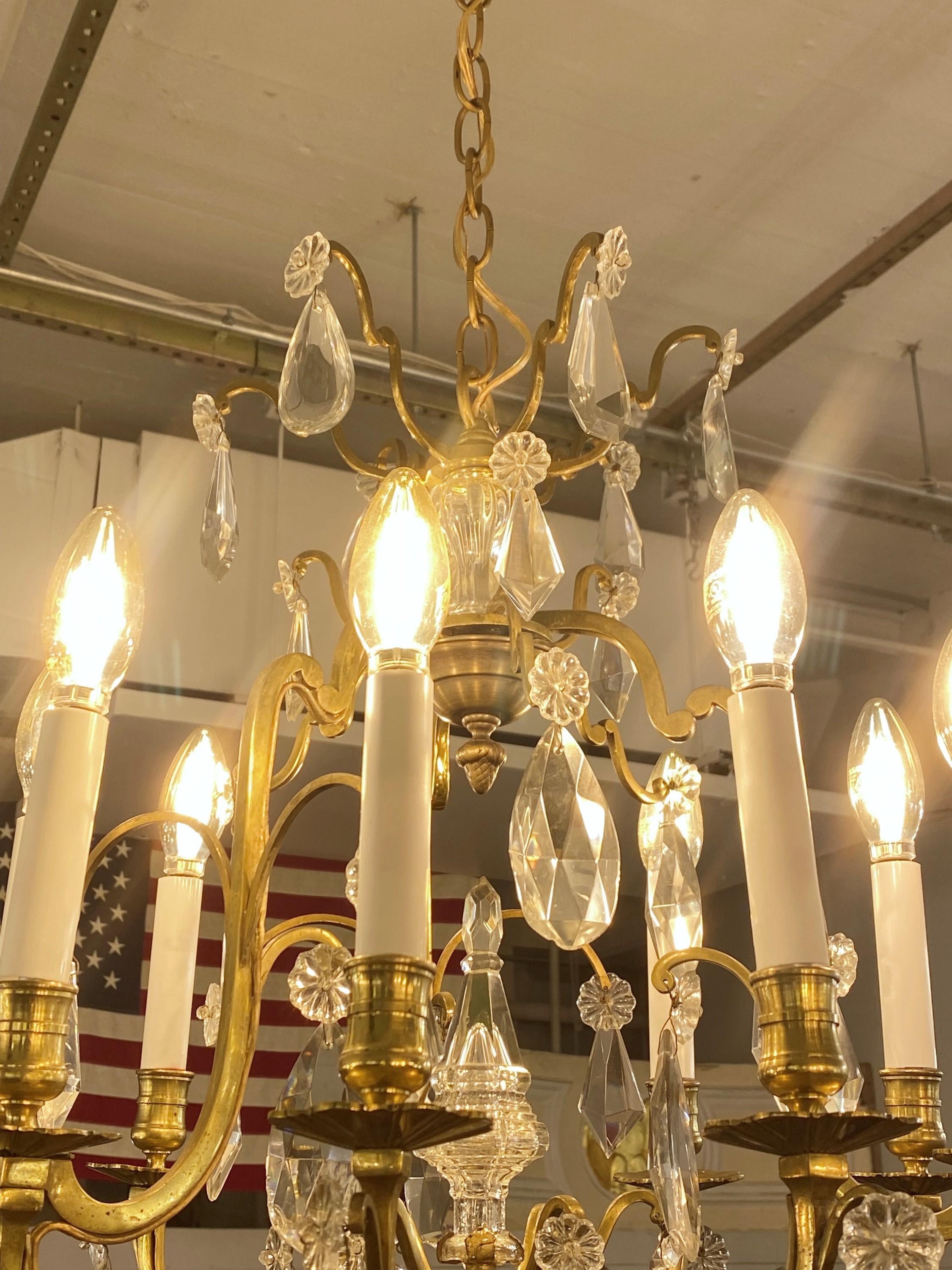 Bronze Restored 9 Light Petit French Crystal Louis XV Chandelier For Sale