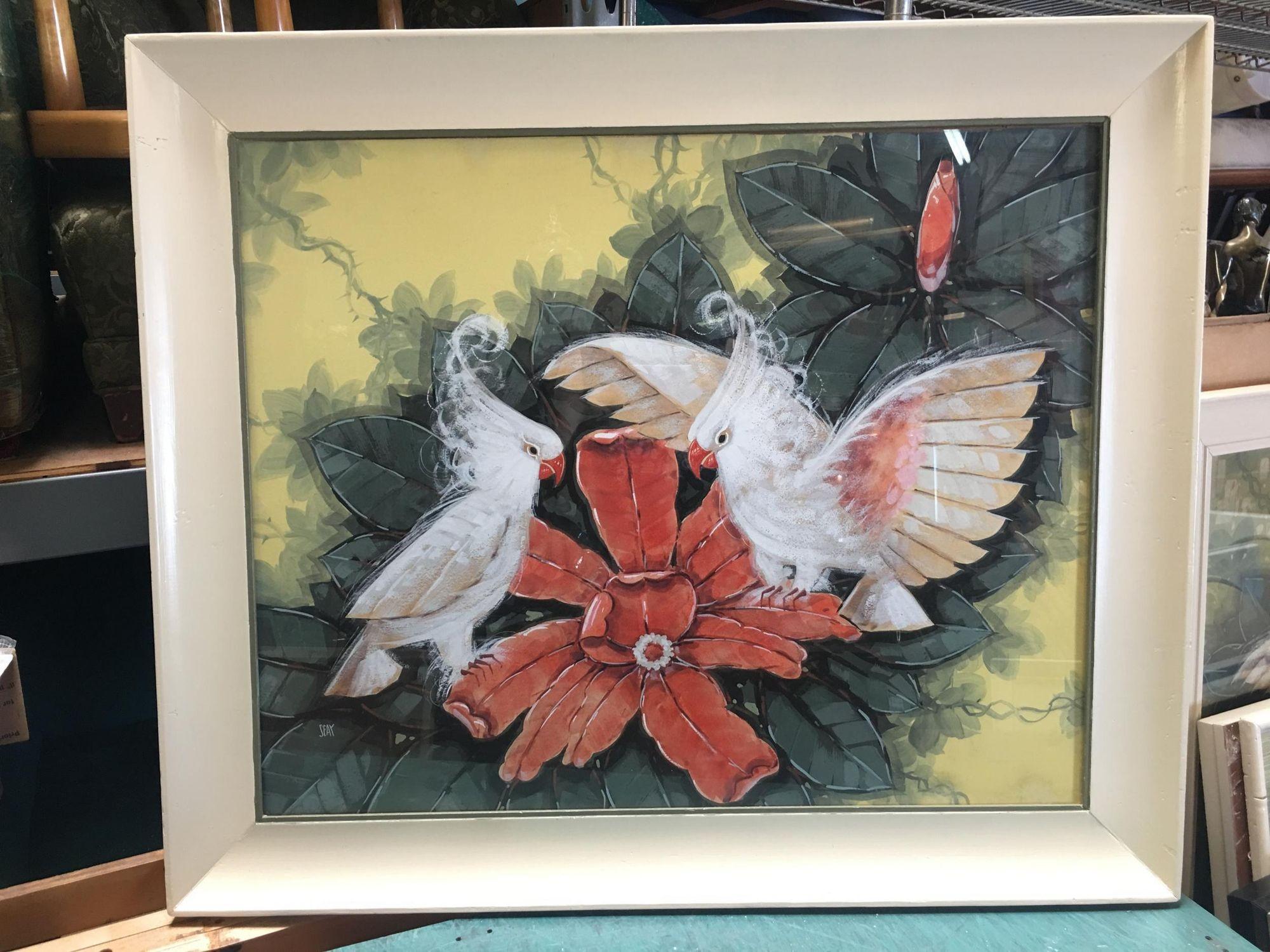 Billy Seay Airbrushed Parrot Lovers artwork (original airbrushed over a print) for the Turner Company, circa 1948, in the original white painted frame. This a great example of the post-WWII Hawaiian and tropical art/decorating boom. Great for