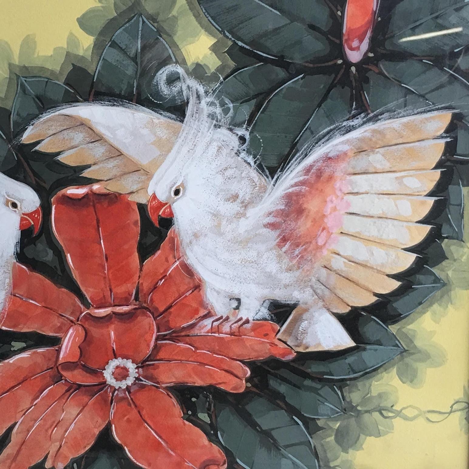 American Restored Post-War Hawaiian Bird and Botanical Airbrush Painting, Framed For Sale