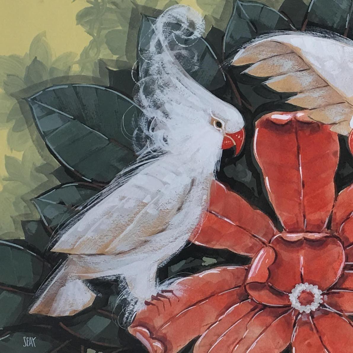 Restored Post-War Hawaiian Bird and Botanical Airbrush Painting, Framed In Excellent Condition For Sale In Van Nuys, CA