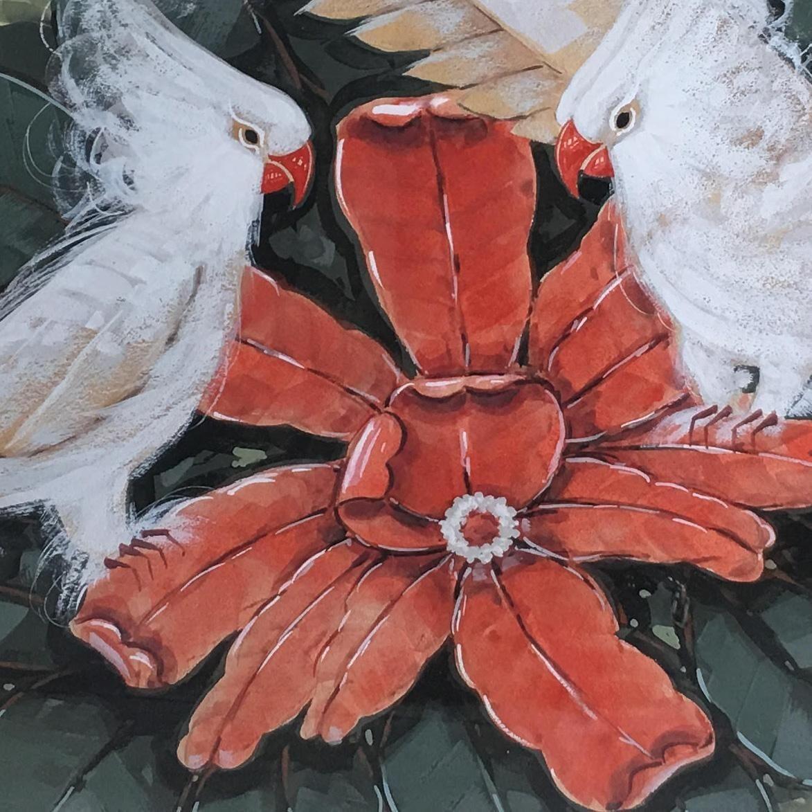 Mid-20th Century Restored Post-War Hawaiian Bird and Botanical Airbrush Painting, Framed For Sale