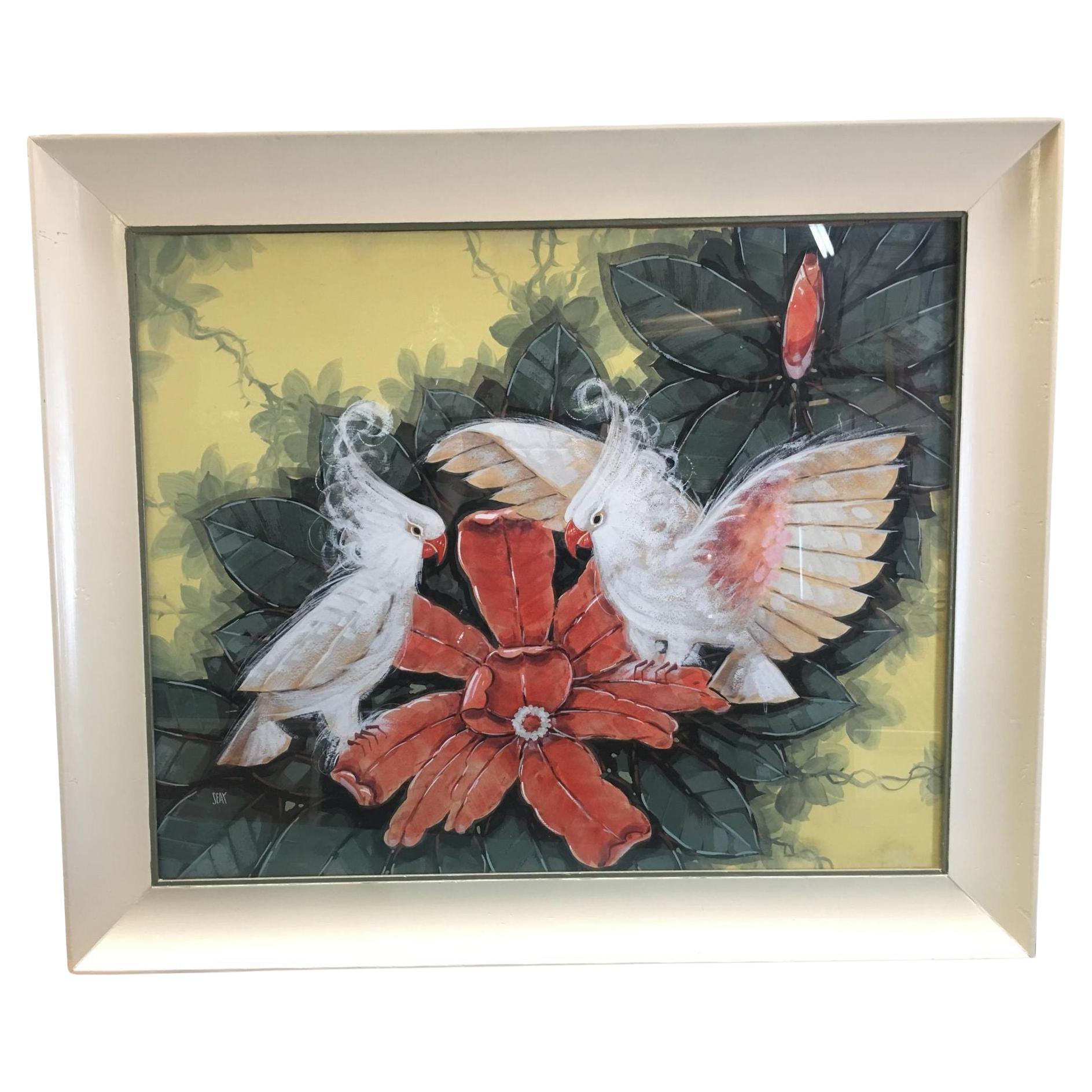 Restored Post-War Hawaiian Bird and Botanical Airbrush Painting, Framed For Sale