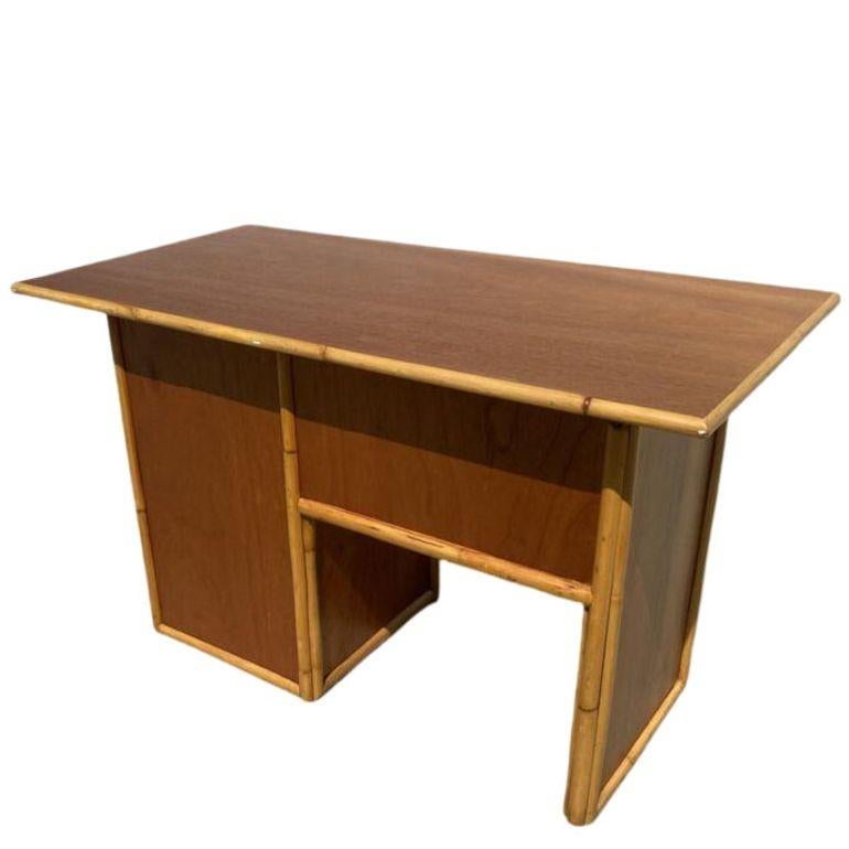 Mid-Century Modern Restored Post-War Hawaiian Koa Wood Desk W/ Rattan Border For Sale