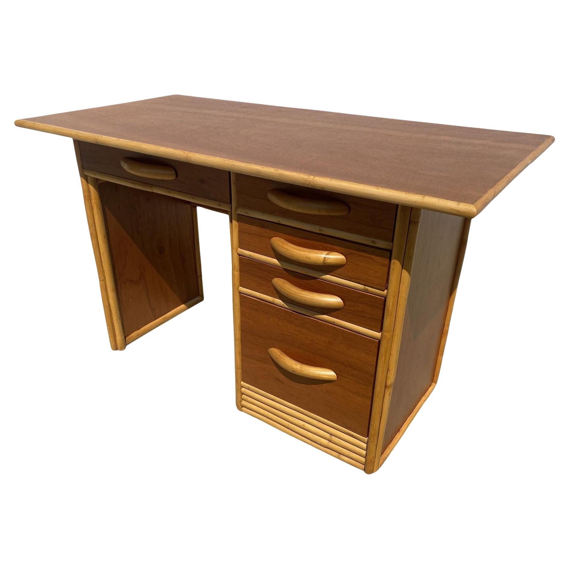 Restored Post-War Hawaiian Koa Wood Desk W/ Rattan Border