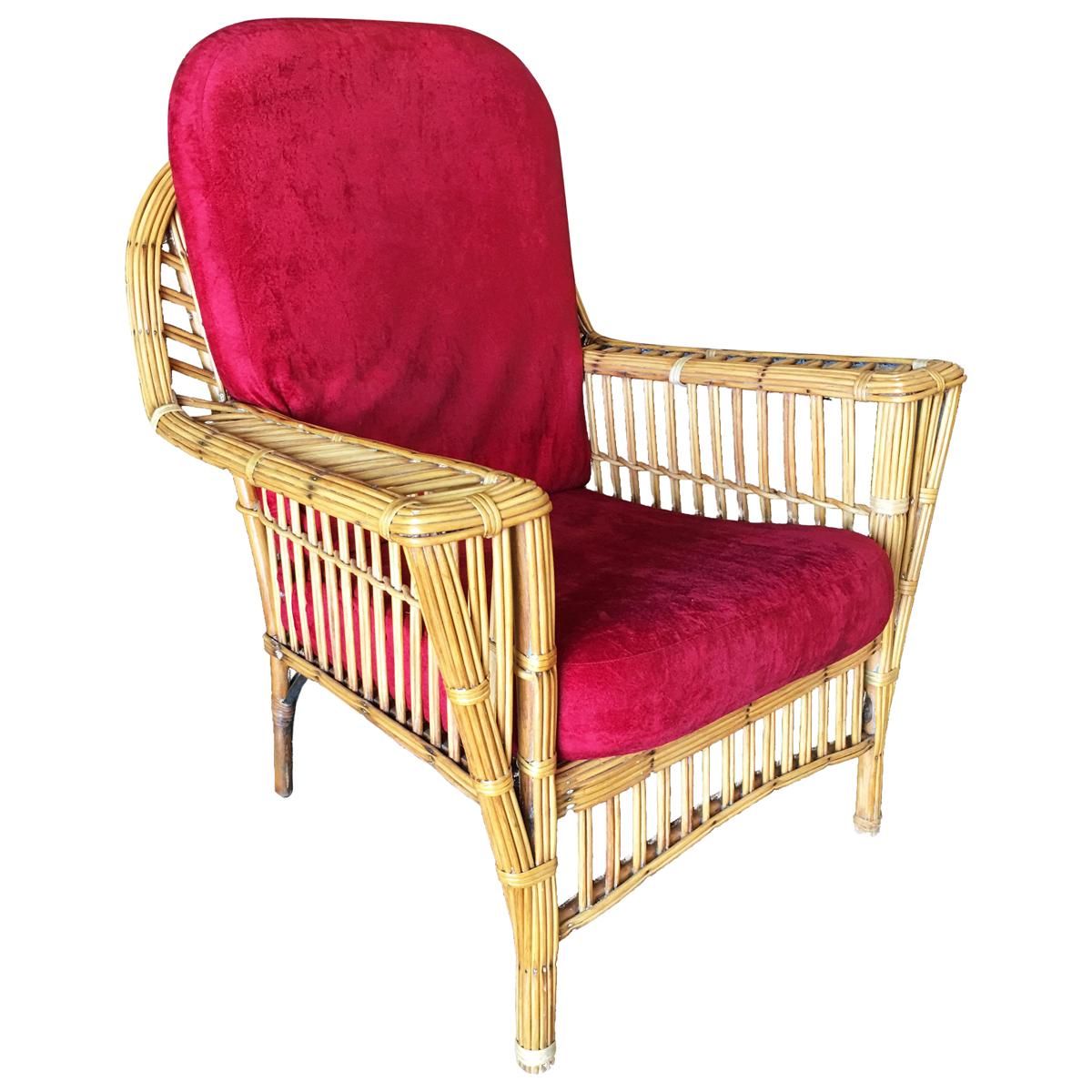 Restored "President's" Art Deco Stick Rattan Lounge Chair with Tapered Legs
