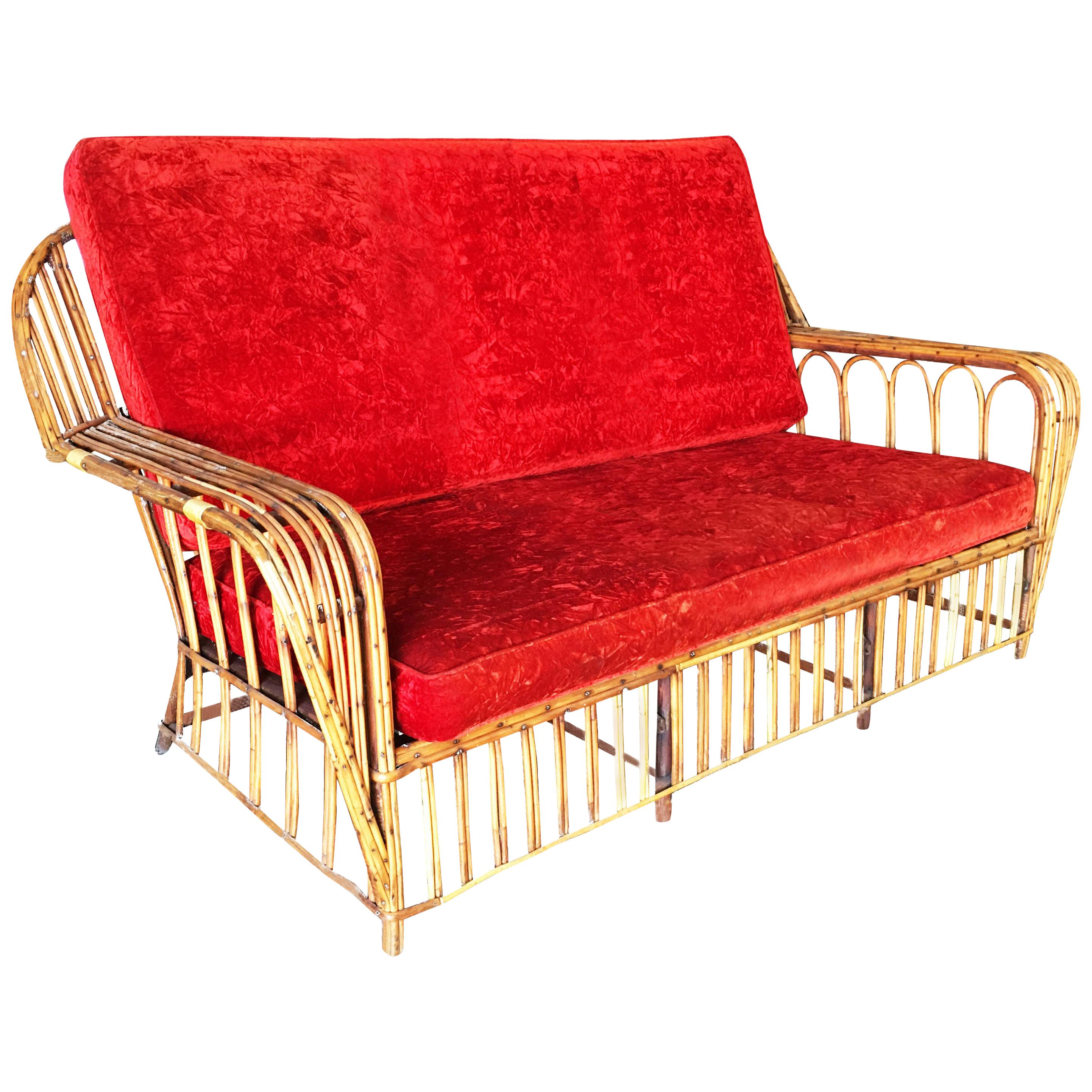 Restored "President's" Art Deco Stick Rattan Loveseat Sofa