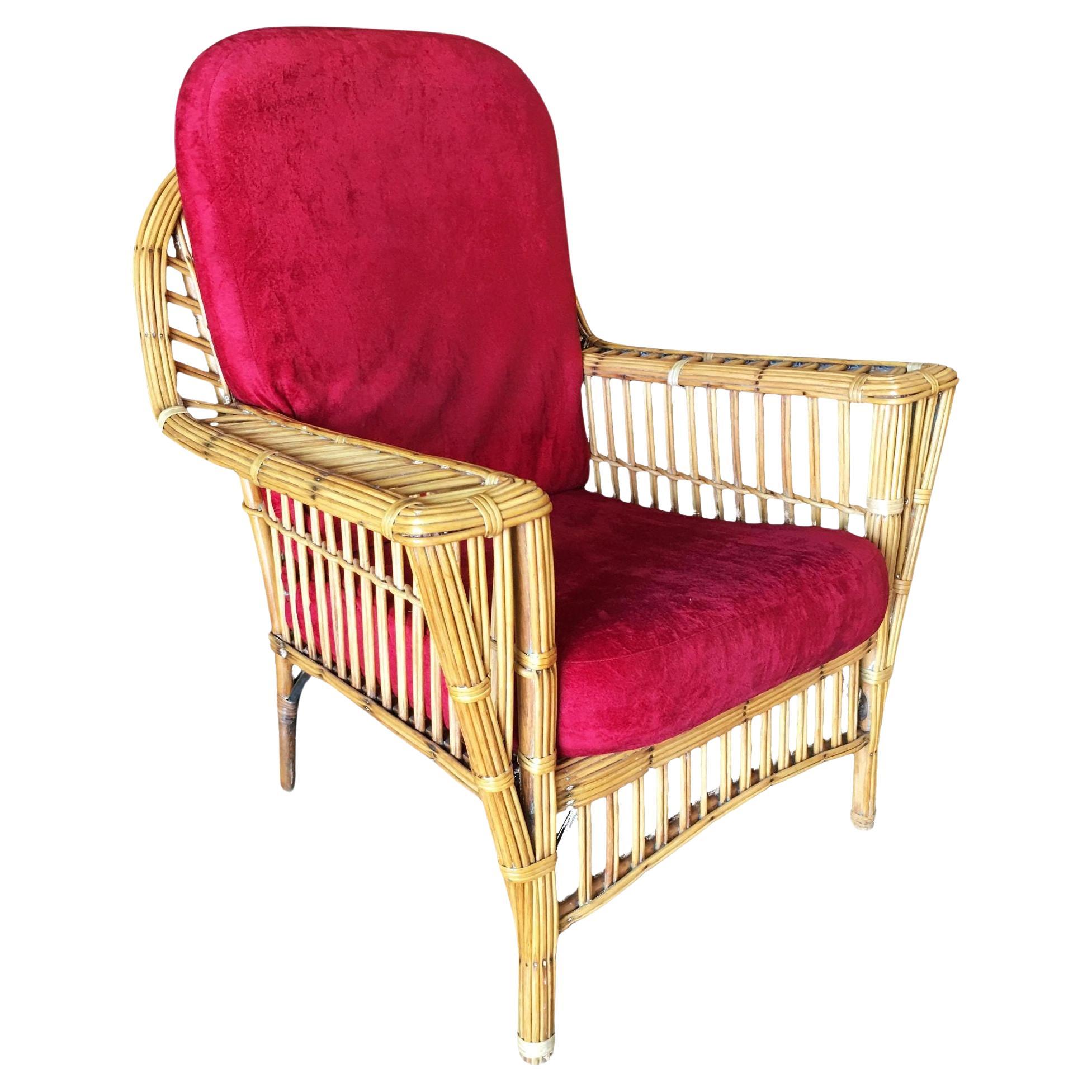 Restored "President's" Stick Reed Rattan Lounge Chair W/ Tapered Leg For Sale