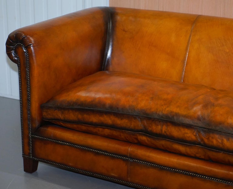 Restored Ralph Lauren Brompton Brown Leather Sofa Feather Cushion