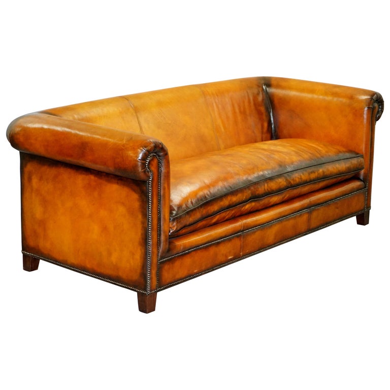 Restored Ralph Lauren Brompton Brown Leather Sofa Feather Cushion For