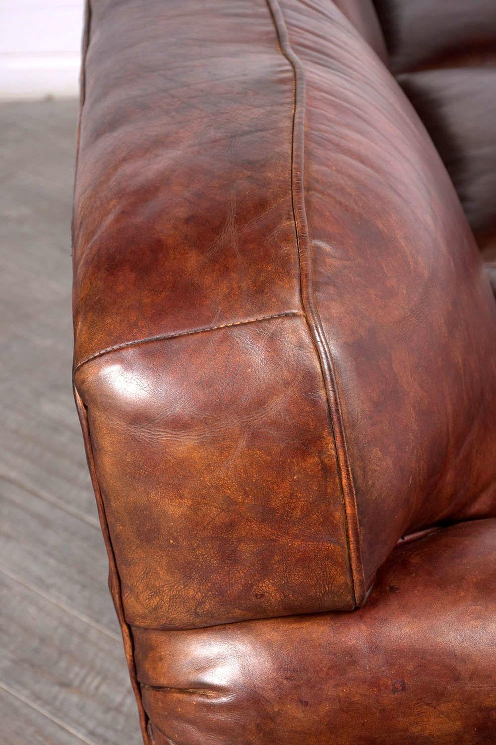 Carved Restored Ralph Lauren Leather Sofa