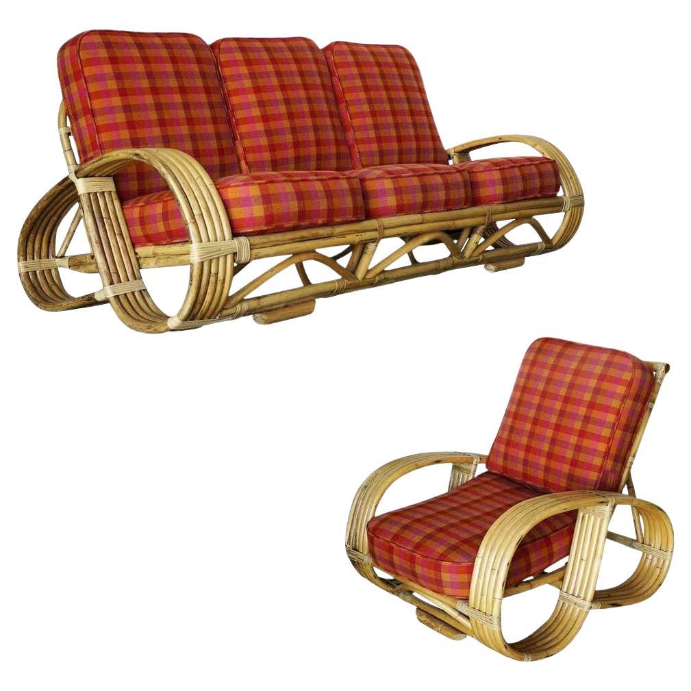 Restored Rare 5-Strand "Reverse Pretzel" Rattan Sofa & Lounge Chair Living Room