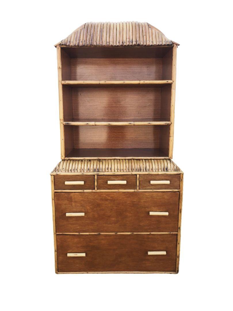 American Restored Rare Art Deco Rattan Dresser/Bookcase Waterfall Hutch For Sale