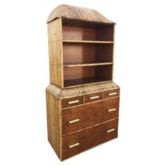 Restored Rare Art Deco Waterfall Rattan & Mahogany Dresser/Bookcase Hutch