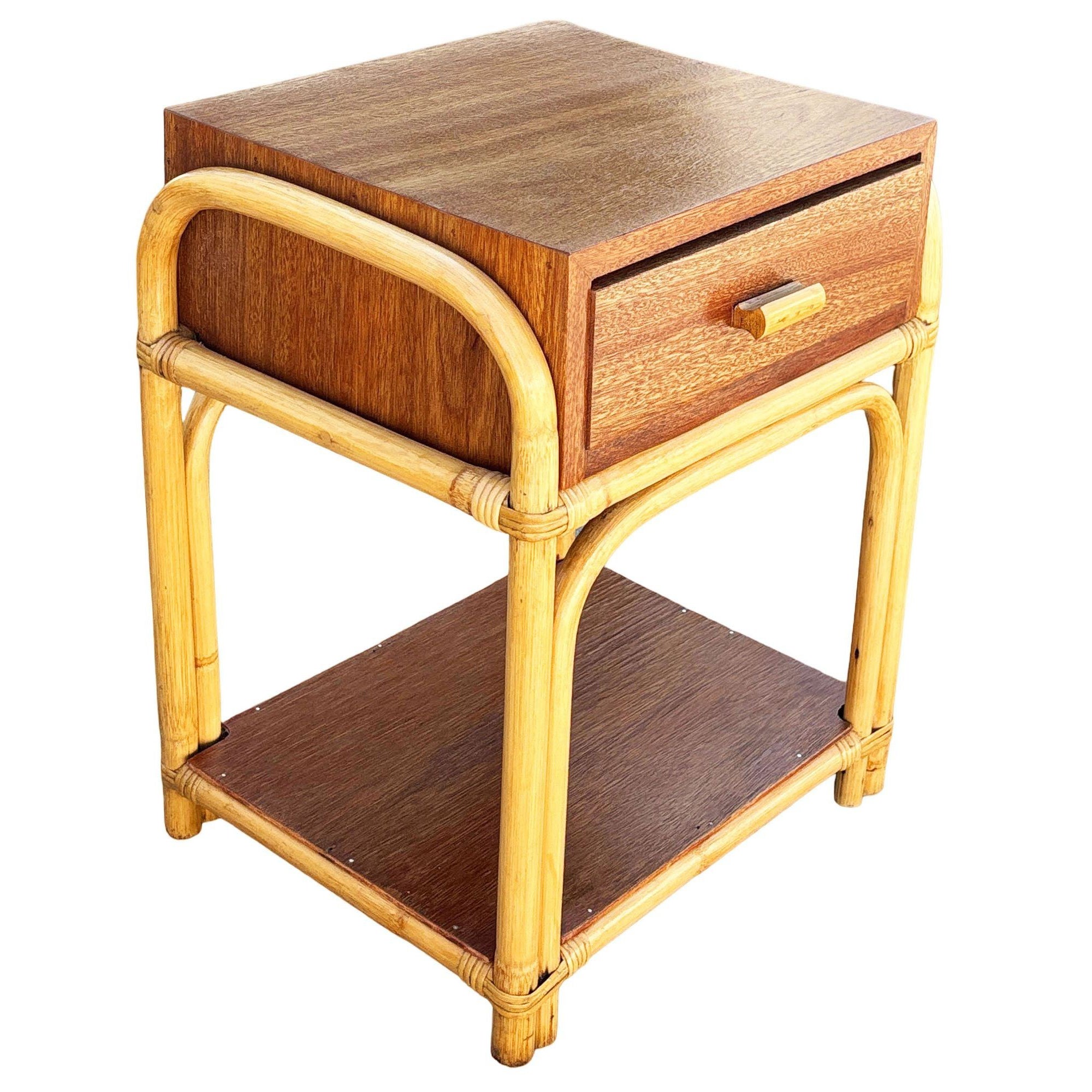 Restored Rare Modernist Mahogany Nightstand w/ Arched Rattan Sides For Sale