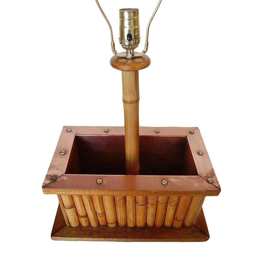 Mid-Century Modern Restored Rare Rattan & Koa Wood Planter Table Lamp w/ Large Copper Accent For Sale