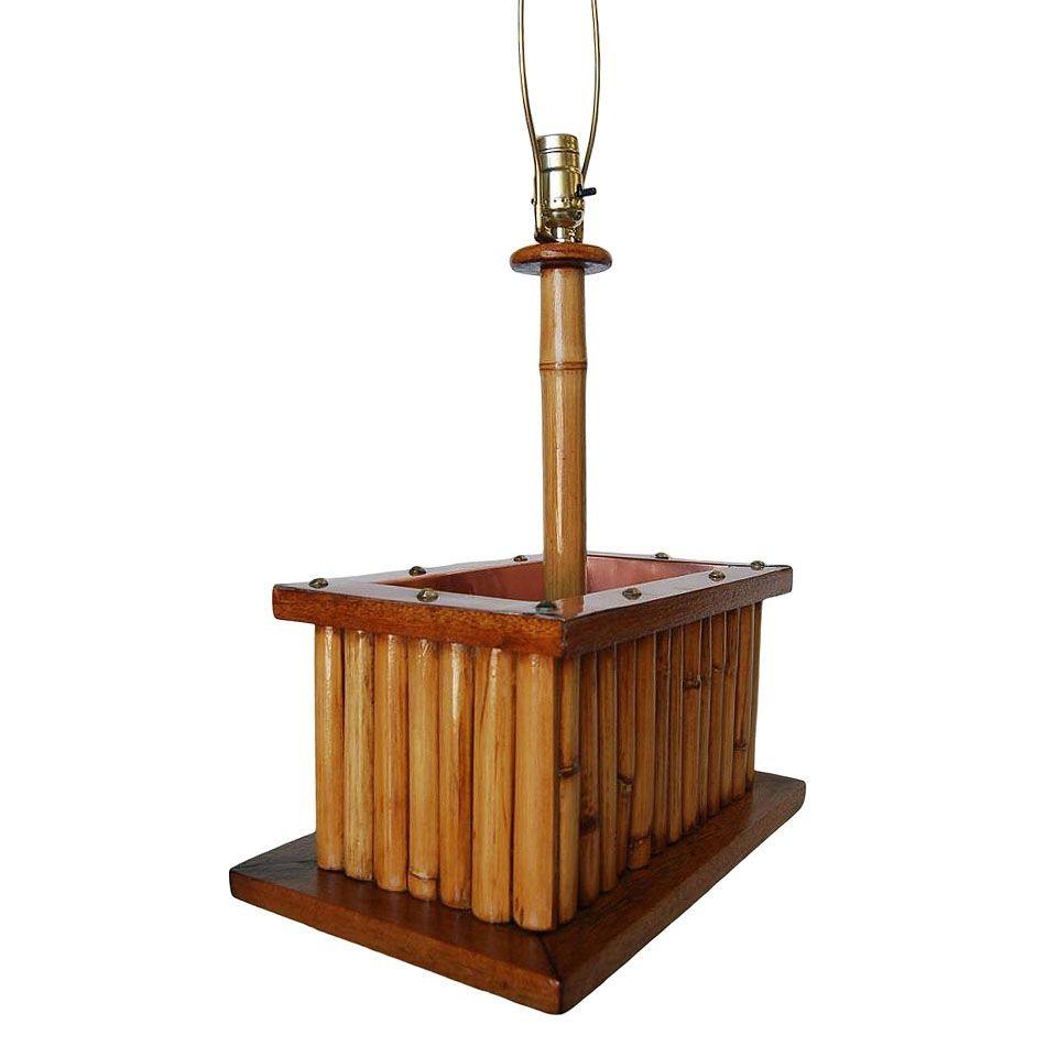 Philippine Restored Rare Rattan & Koa Wood Planter Table Lamp w/ Large Copper Accent For Sale