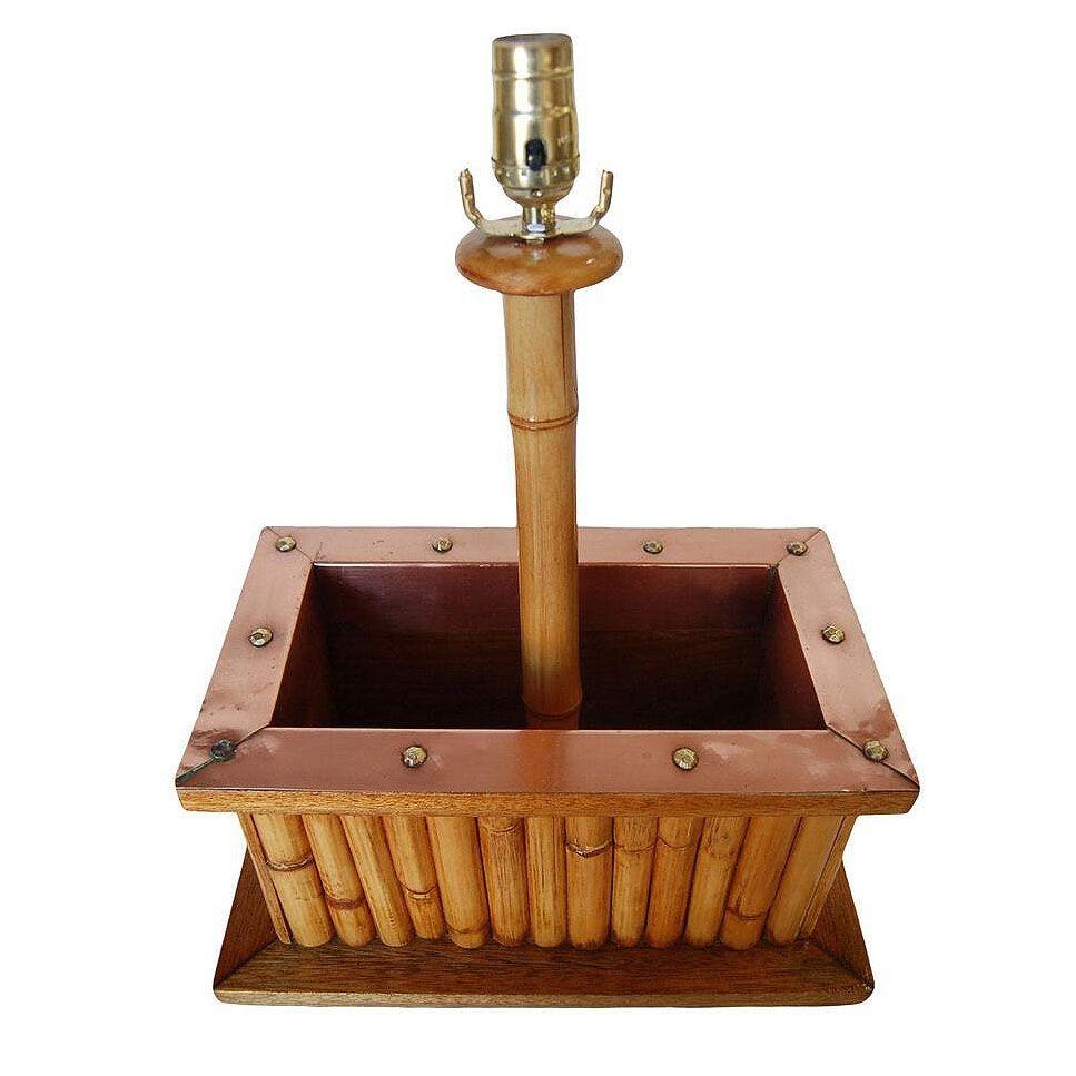 Restored Rare Rattan & Koa Wood Planter Table Lamp w/ Large Copper Accent In Excellent Condition For Sale In Van Nuys, CA