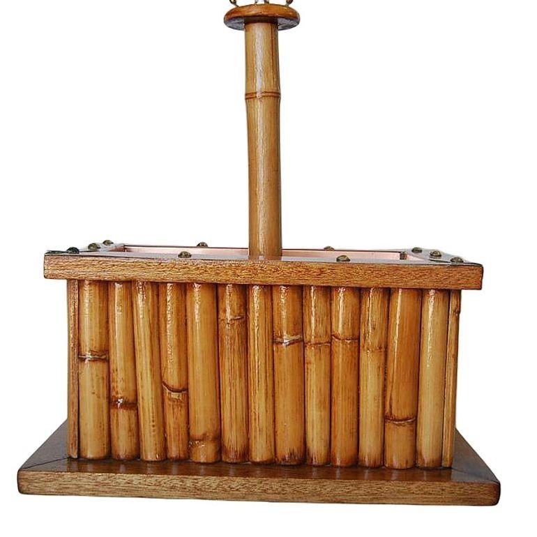 Mid-20th Century Restored Rare Rattan & Koa Wood Planter Table Lamp w/ Large Copper Accent For Sale
