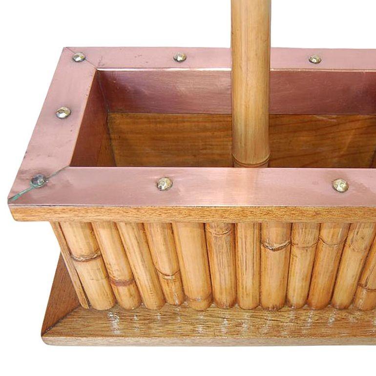 Restored Rare Rattan & Koa Wood Planter Table Lamp w/ Large Copper Accent For Sale 1