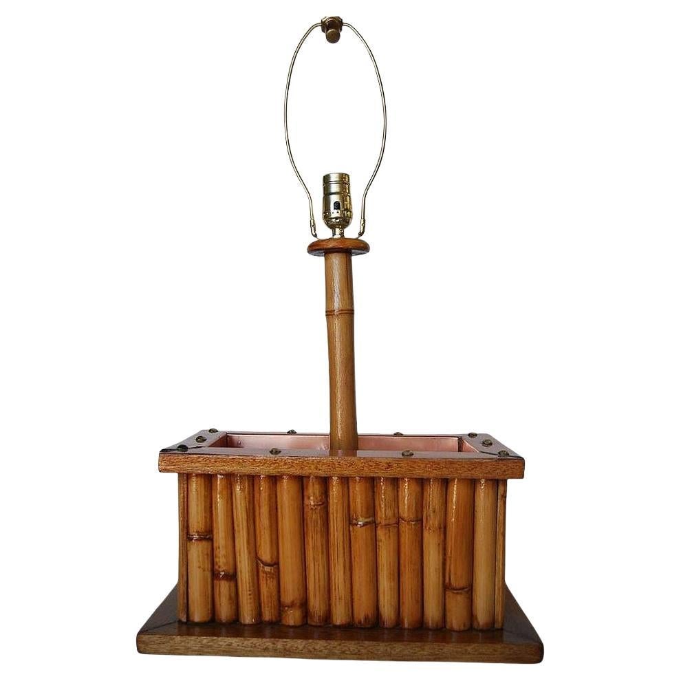 Restored Rare Rattan & Koa Wood Planter Table Lamp w/ Large Copper Accent
