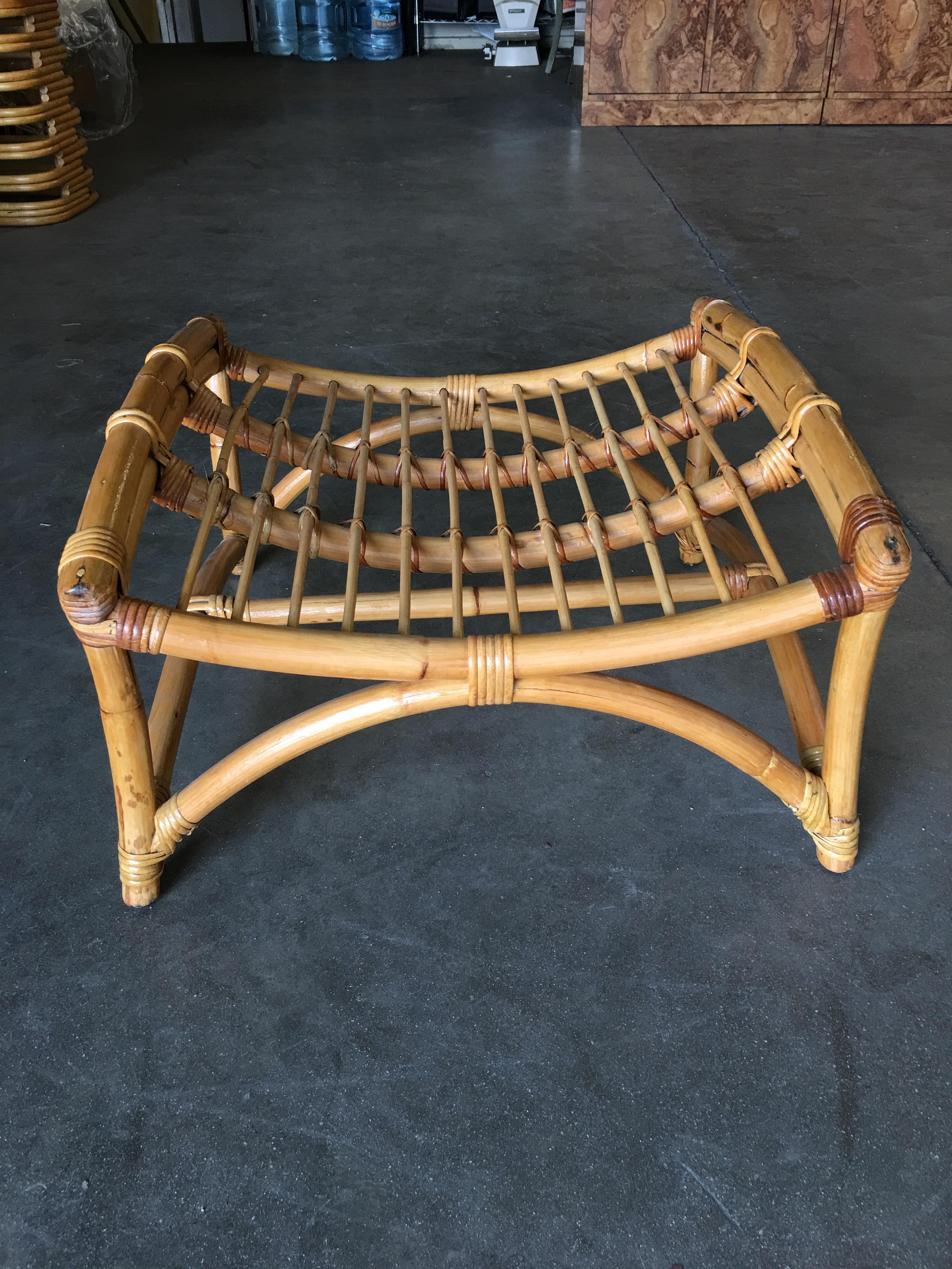 American Restored Rare Two-Strand Slope Seat Rattan Lounge with Ottoman