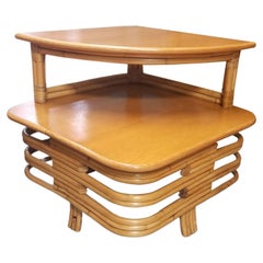 Restored Ratan and Mahogany Two-Tiered Corner Table with Stacked Rattan Base