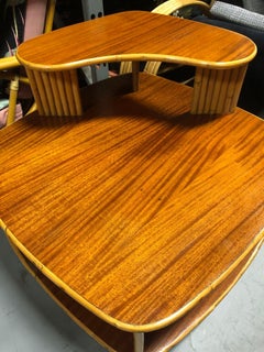 Restored Rattan 1940s Double Level Corner Table with Quatered Koa Wood Top