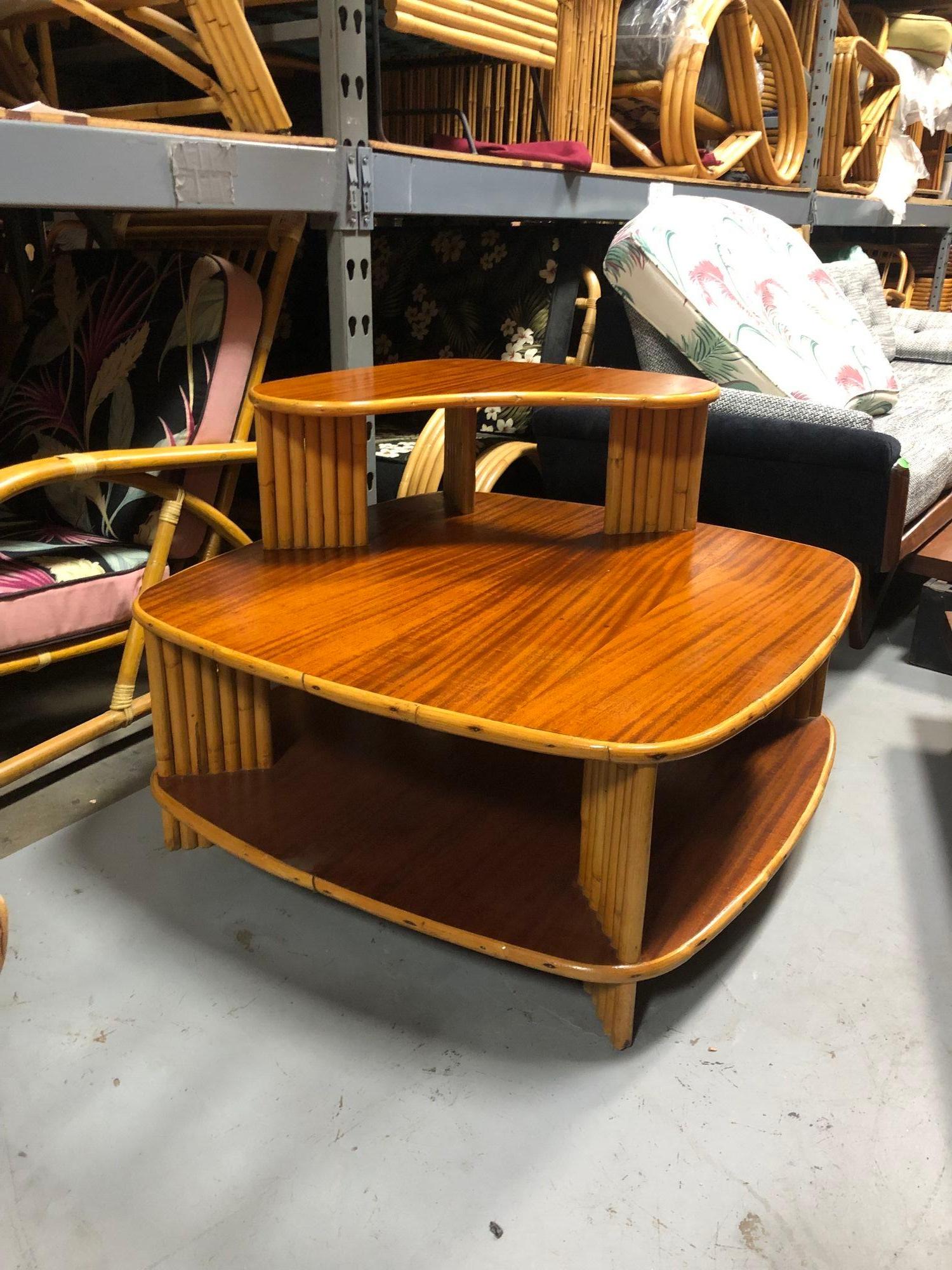 Restored Rattan 1940s Double Level Corner Table with Quatered Koa Wood Top In Excellent Condition For Sale In Van Nuys, CA