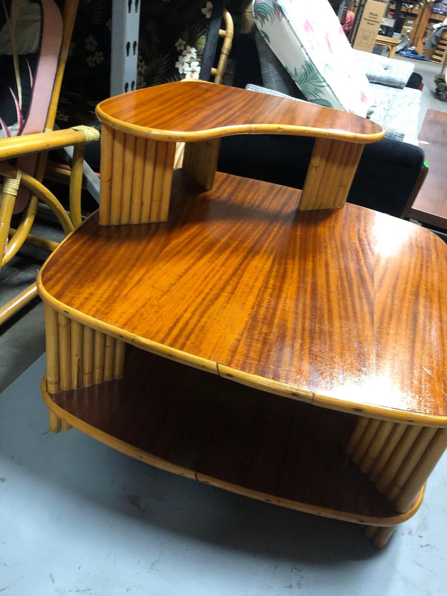 Mid-20th Century Restored Rattan 1940s Double Level Corner Table with Curly Koa Wood Top For Sale