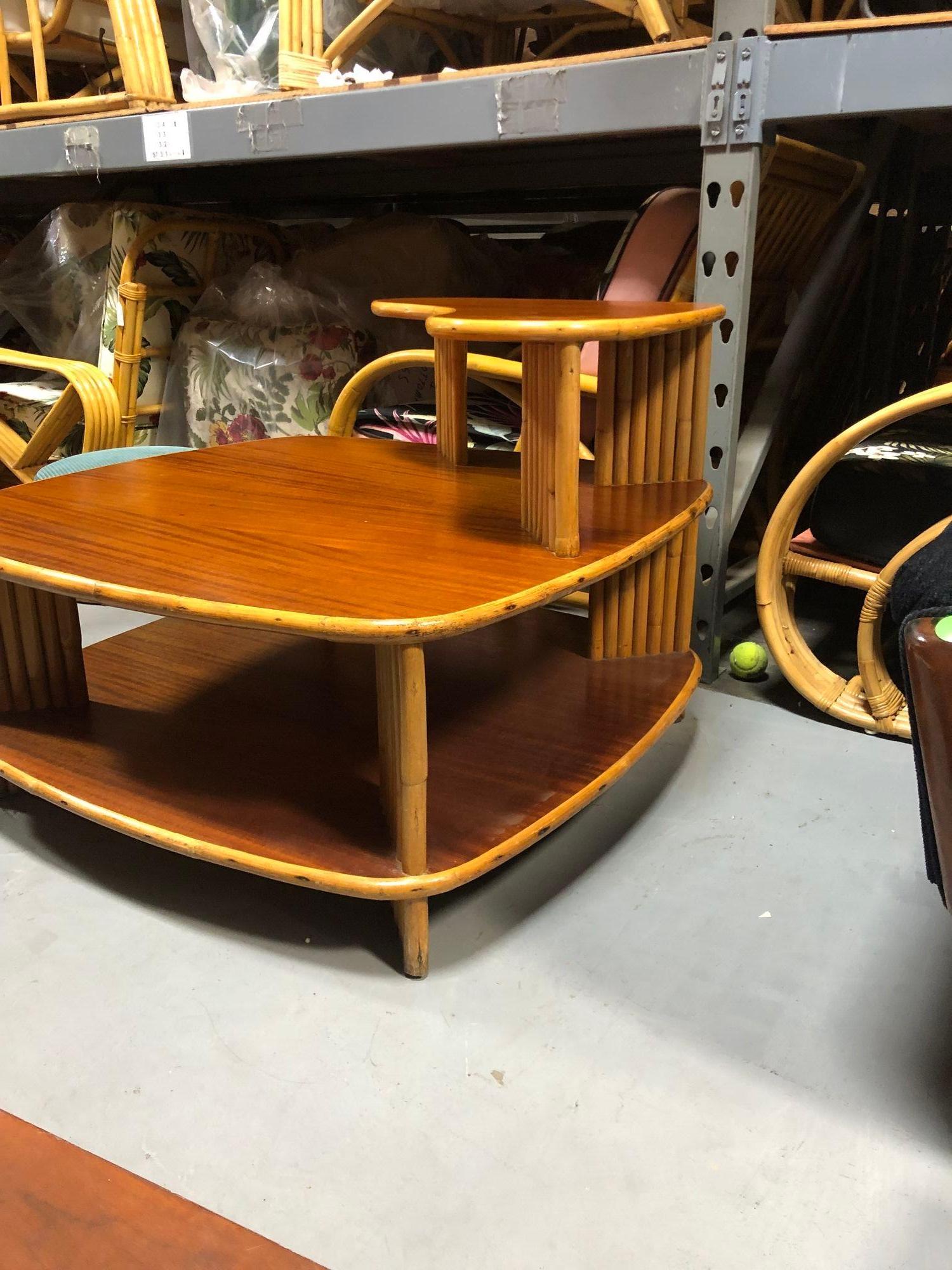 Restored Rattan 1940s Double Level Corner Table with Curly Koa Wood Top For Sale 1