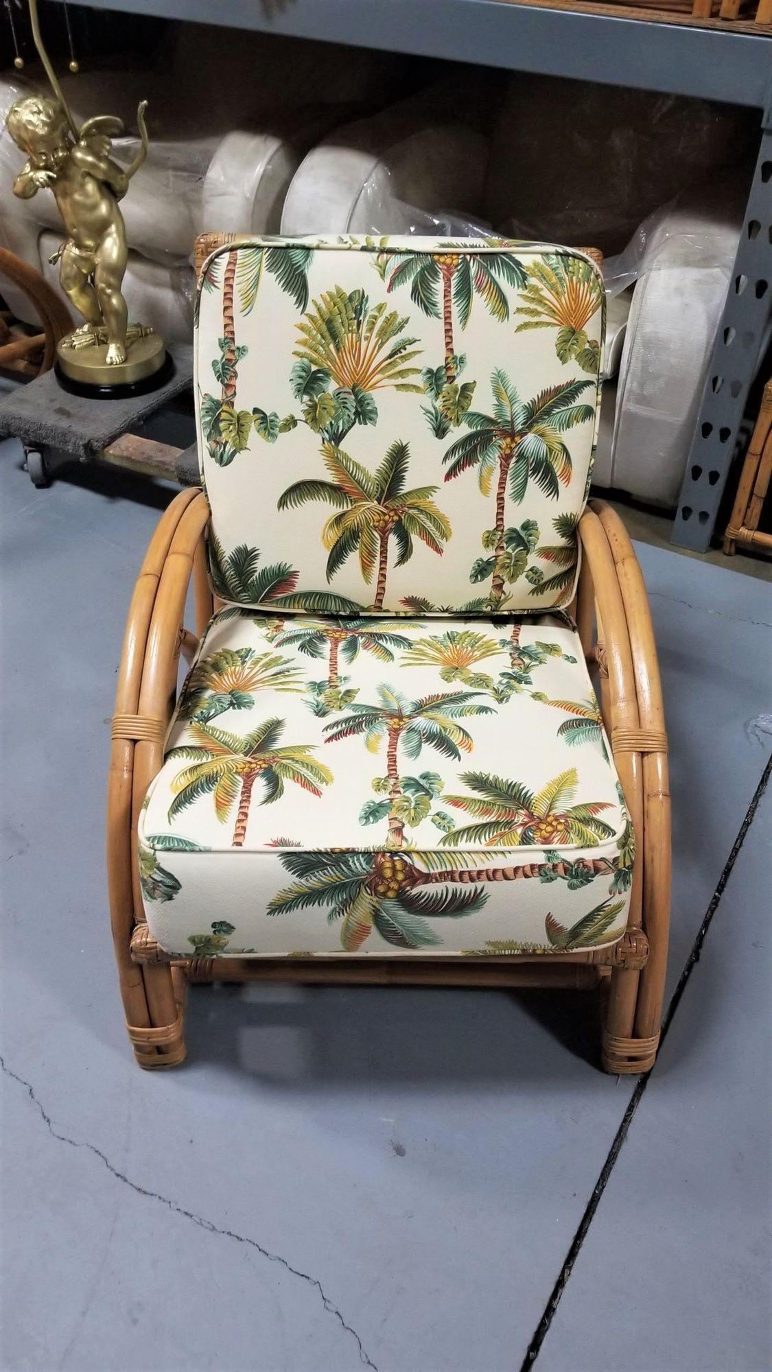 20th Century Restored Rattan 2-Strand Half Moon Lounge Chair with Palm Print Cushions For Sale