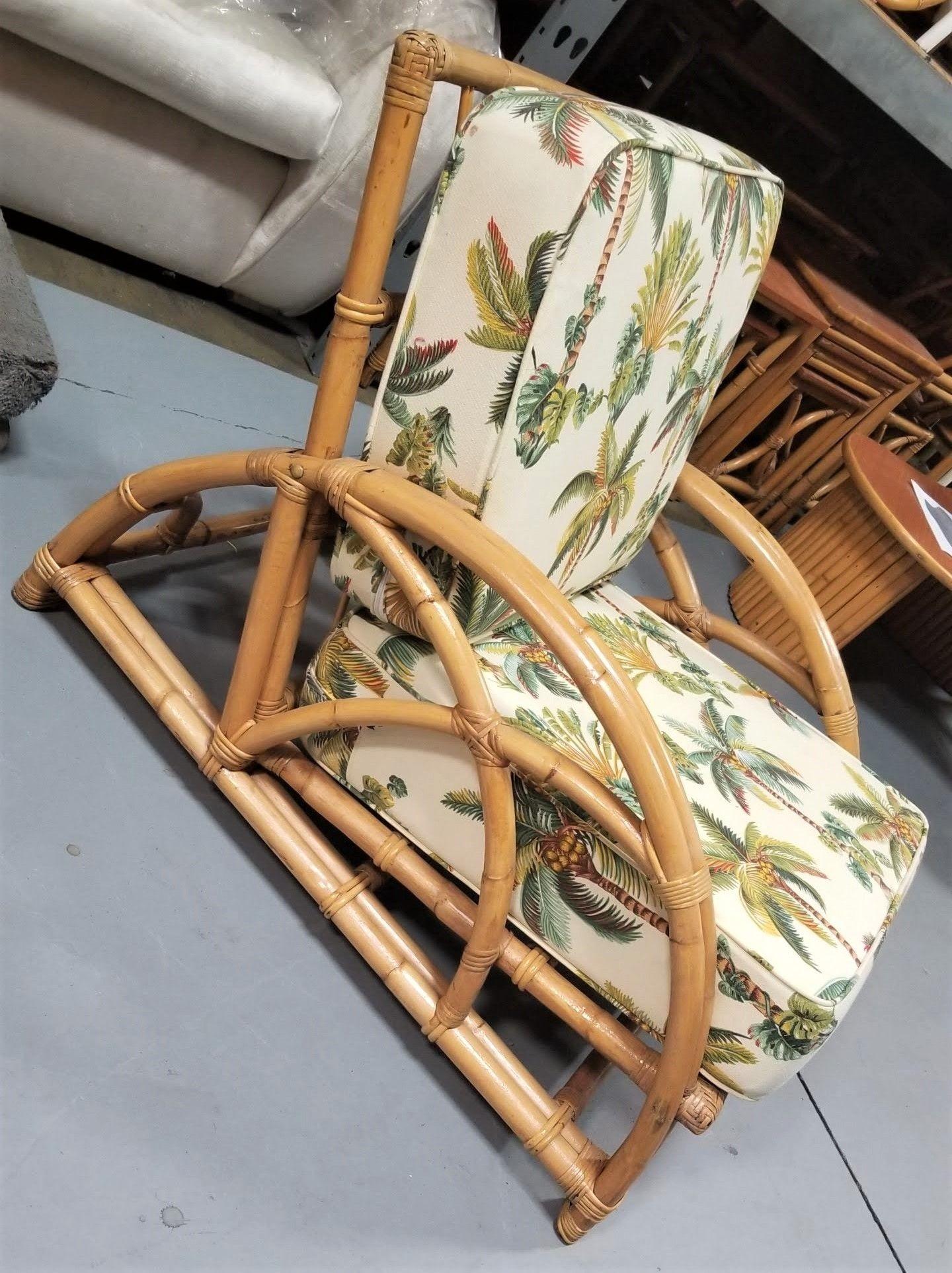 Restored Rattan 2-Strand Half Moon Lounge Chair with Palm Print Cushions For Sale 1