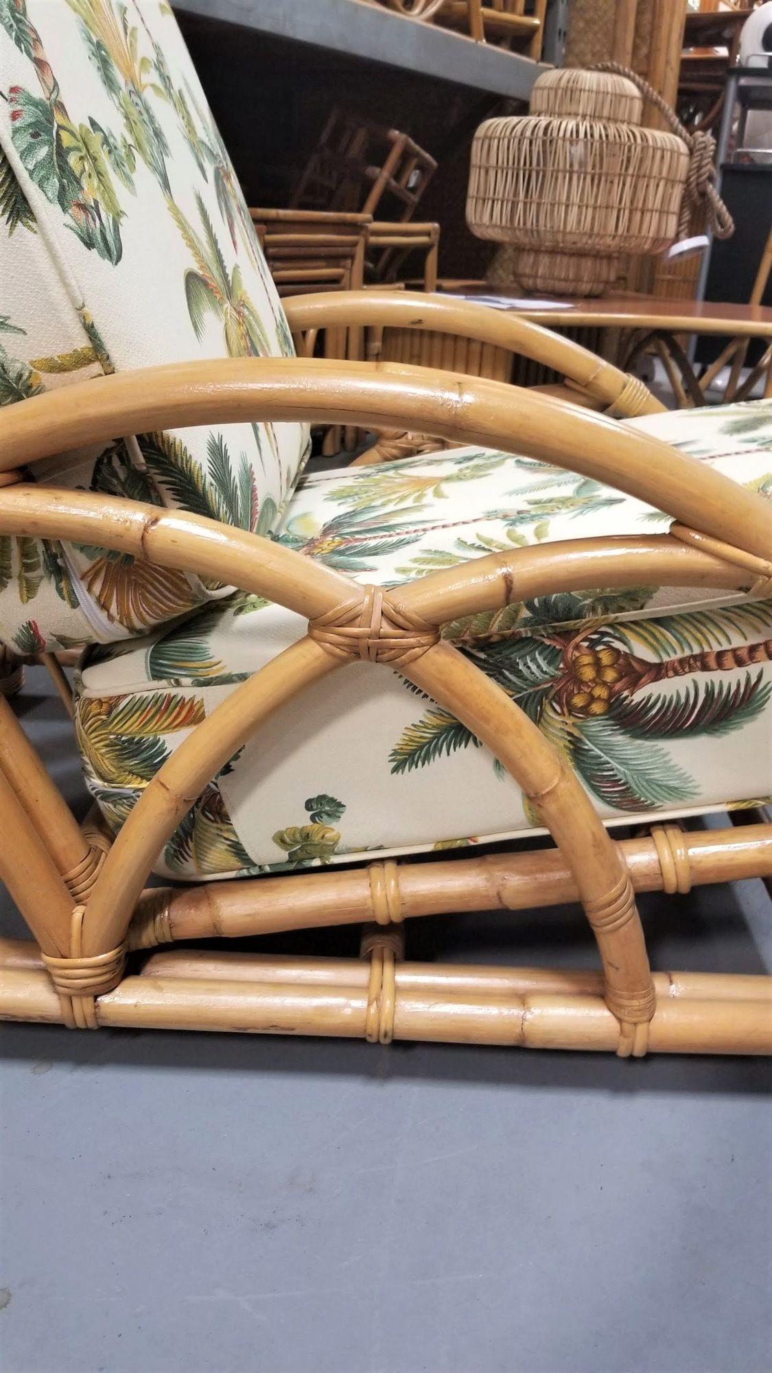 Restored Rattan 2-Strand Half Moon Lounge Chair with Palm Print Cushions For Sale 2