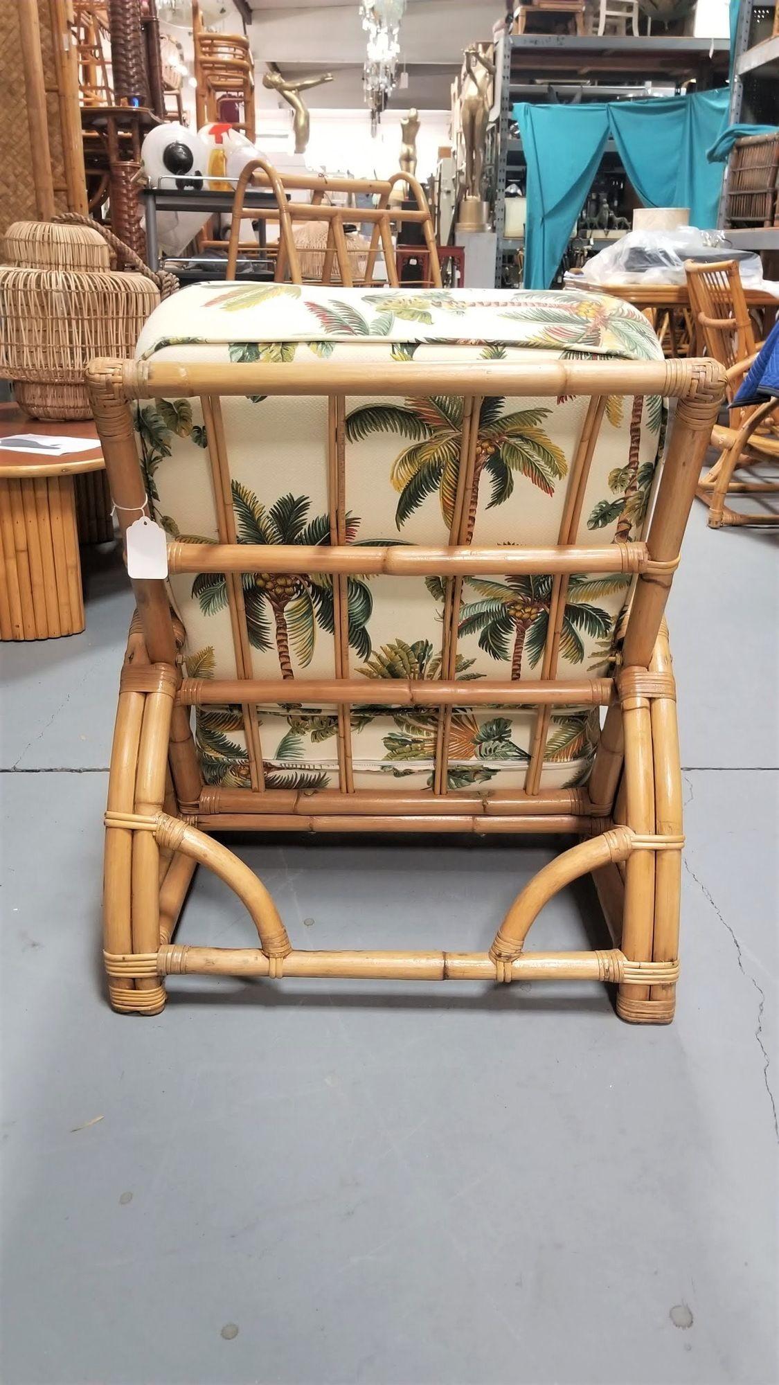 Restored Rattan 2-Strand Half Moon Lounge Chair with Palm Print Cushions For Sale 3