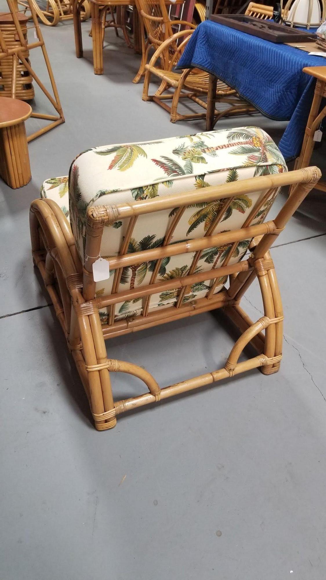 Restored Rattan 2-Strand Half Moon Lounge Chair with Palm Print Cushions For Sale 4