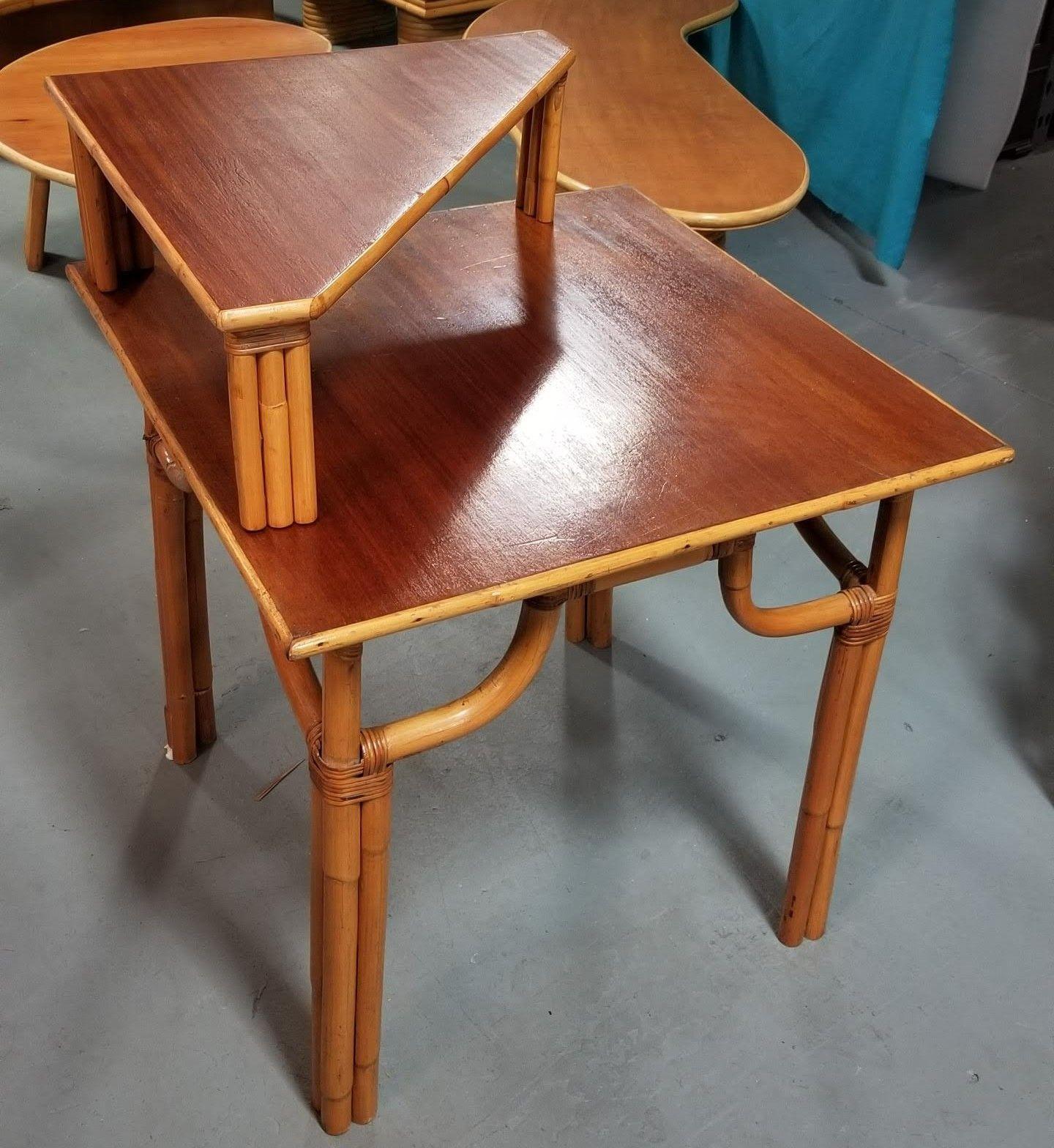 Restored Rattan 2-Tiered Corner Table or Desk In Good Condition For Sale In Van Nuys, CA