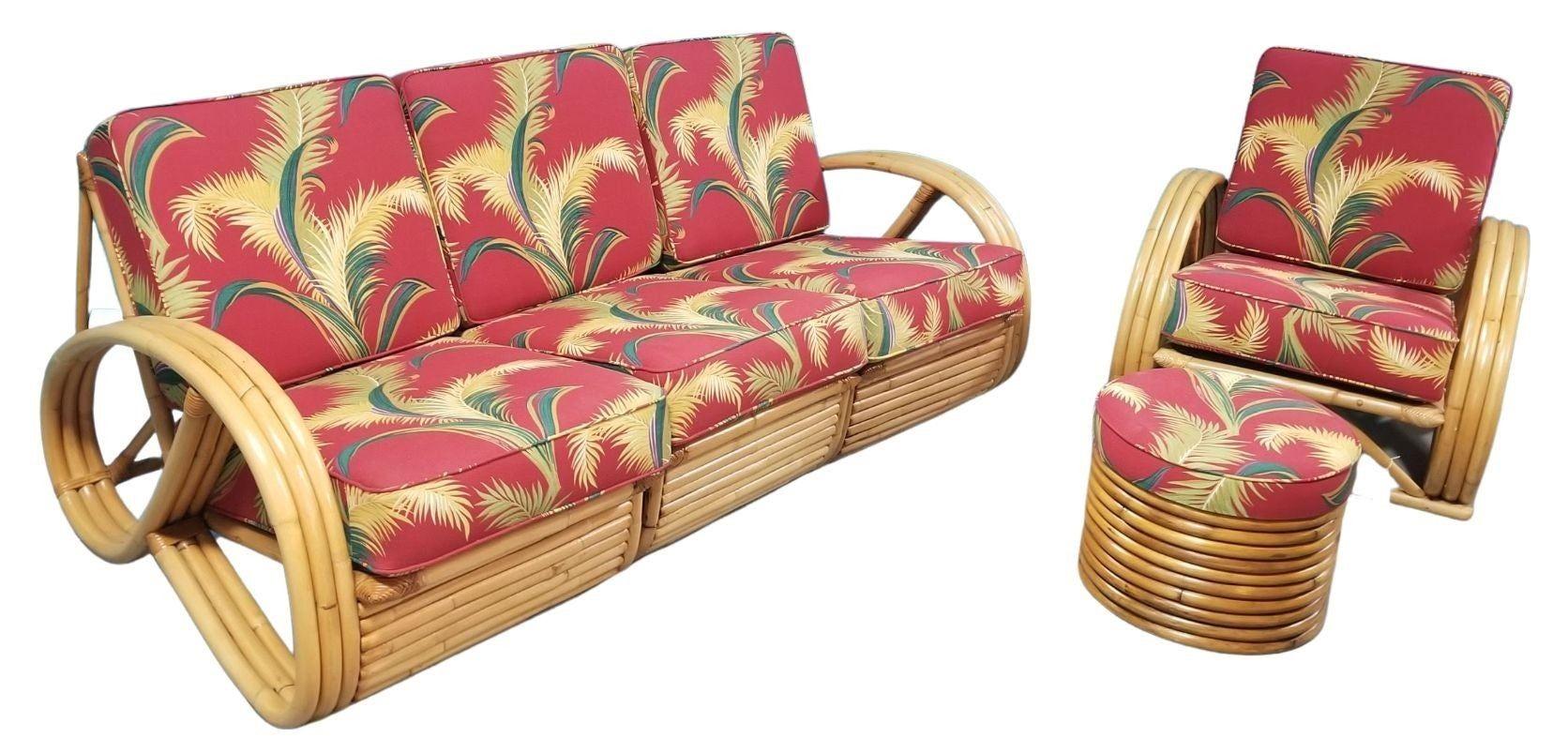 4-piece living room set of restored rattan with matching 3/4 pretzel arm furniture featuring a 3-seat sectional sofa, an adjustable lounge chair and ottoman, and a 2-seat sectional settee loveseat.

1950, United States

Couch: 32