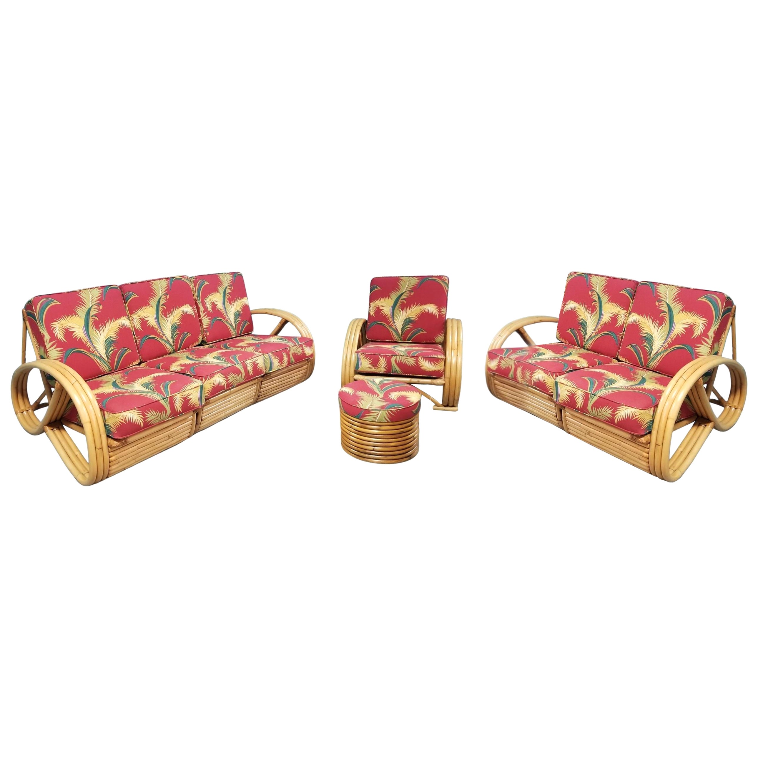 Restauriertes Rattan-Sessel mit 3/4-Brezel-Arm, 4 Teile, Sofa, Lounge, Wohnzimmer
