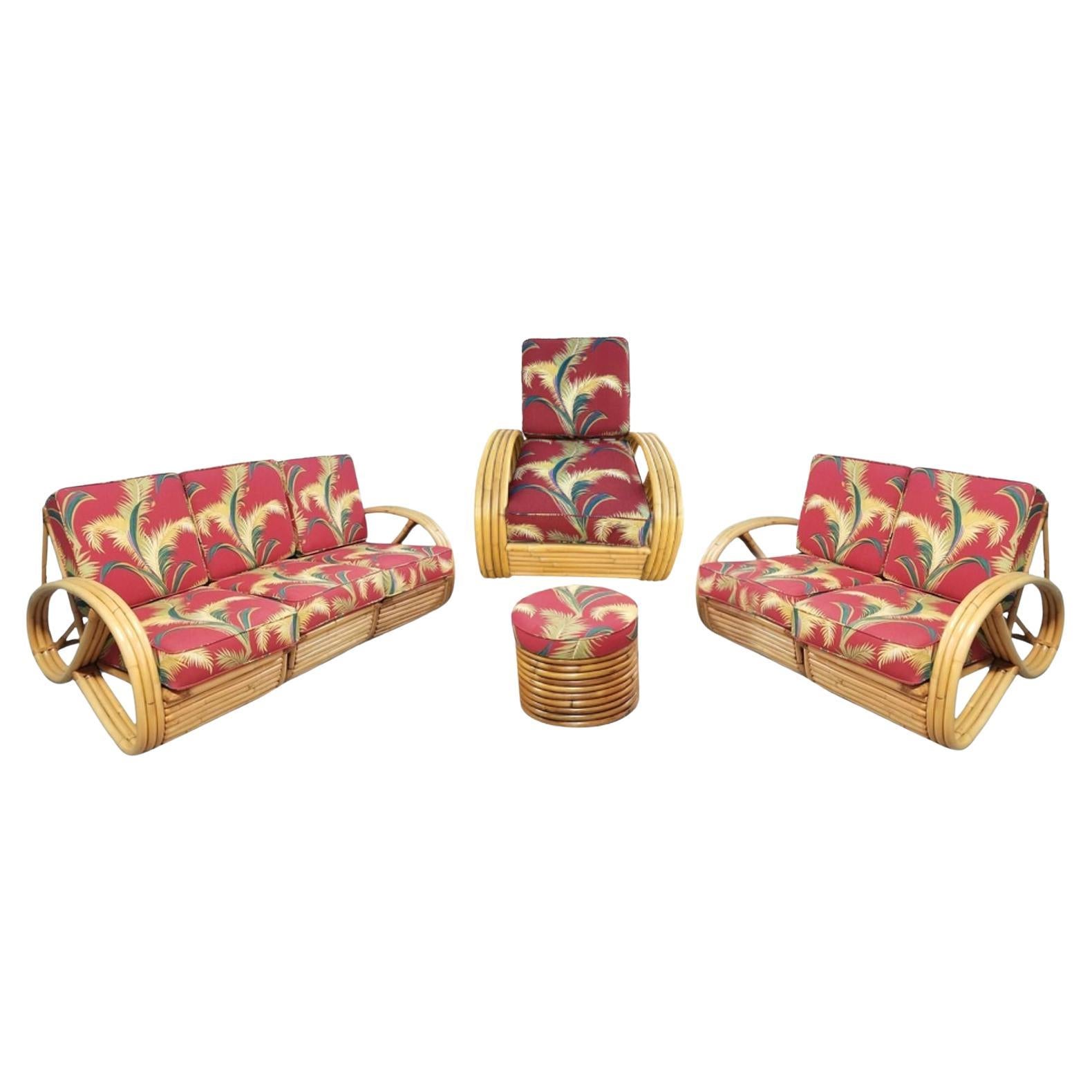 Juego de salón Sofá Lounge de 4 piezas con brazos de pretzel 3/4 de ratán restaurado