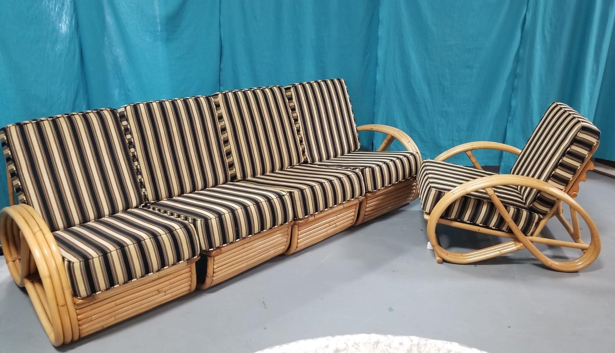 American Restored Rattan 3/4 Pretzel Sofa & Lounge Chair Living Room Set For Sale