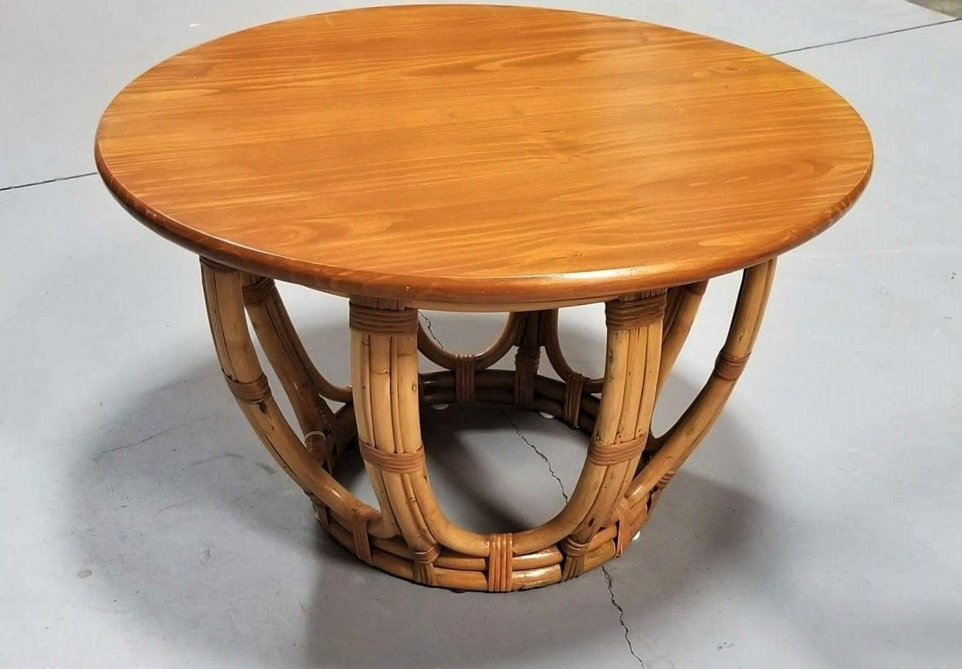 Restored Rattan 3-Strand Drum Base Legs Round Mahogany Coffee Table In Excellent Condition For Sale In Van Nuys, CA