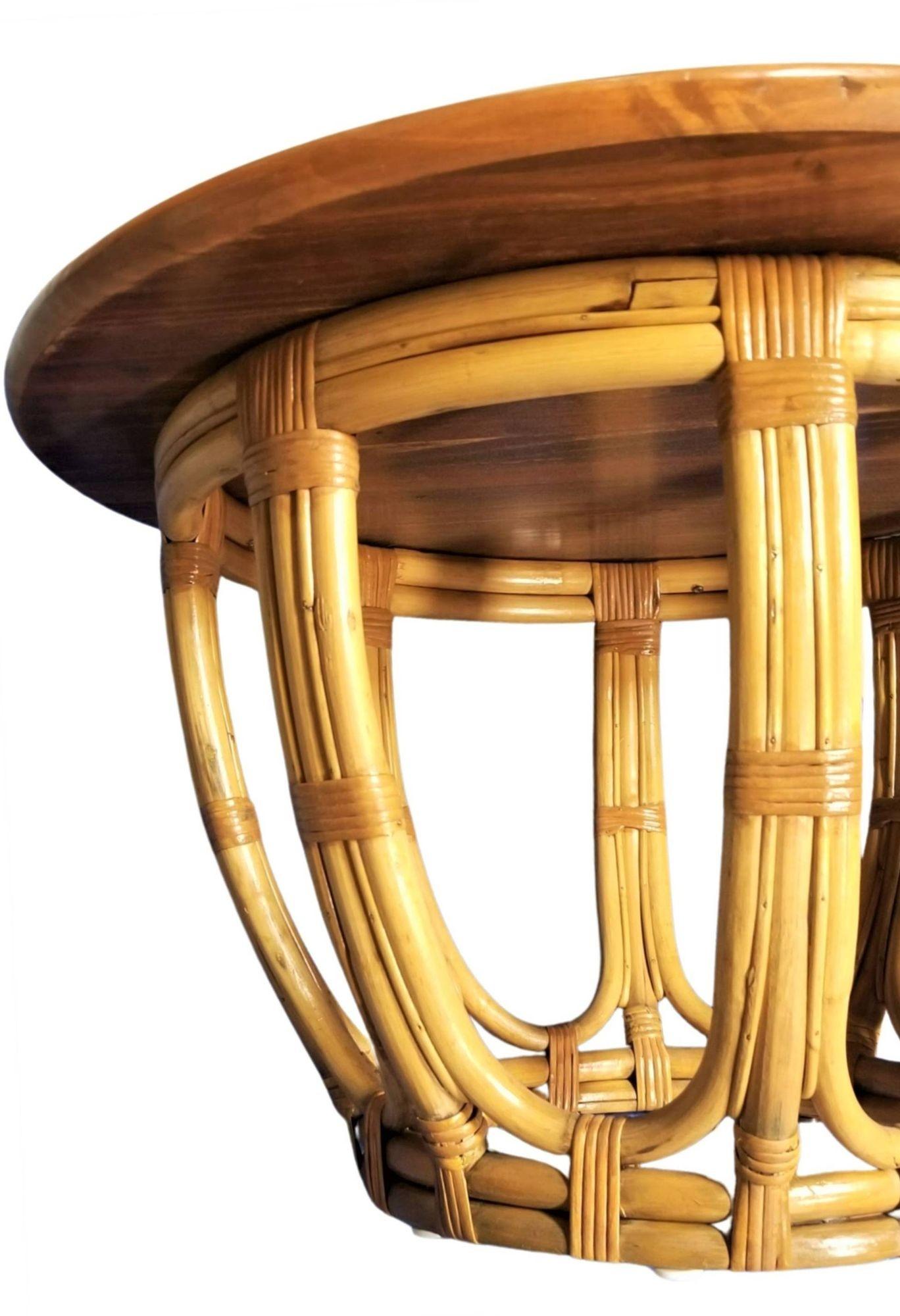Mid-20th Century Restored Rattan 3-Strand Drum Base Legs Round Mahogany Coffee Table