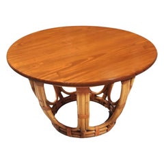 Restored Rattan 3-Strand Drum Base Legs Round Mahogany Coffee Table