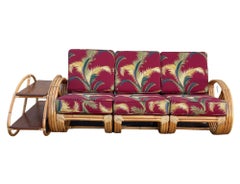 Restored Rattan 3-Strand Full Round Pretzel Sofa & Side Table Living Room Set