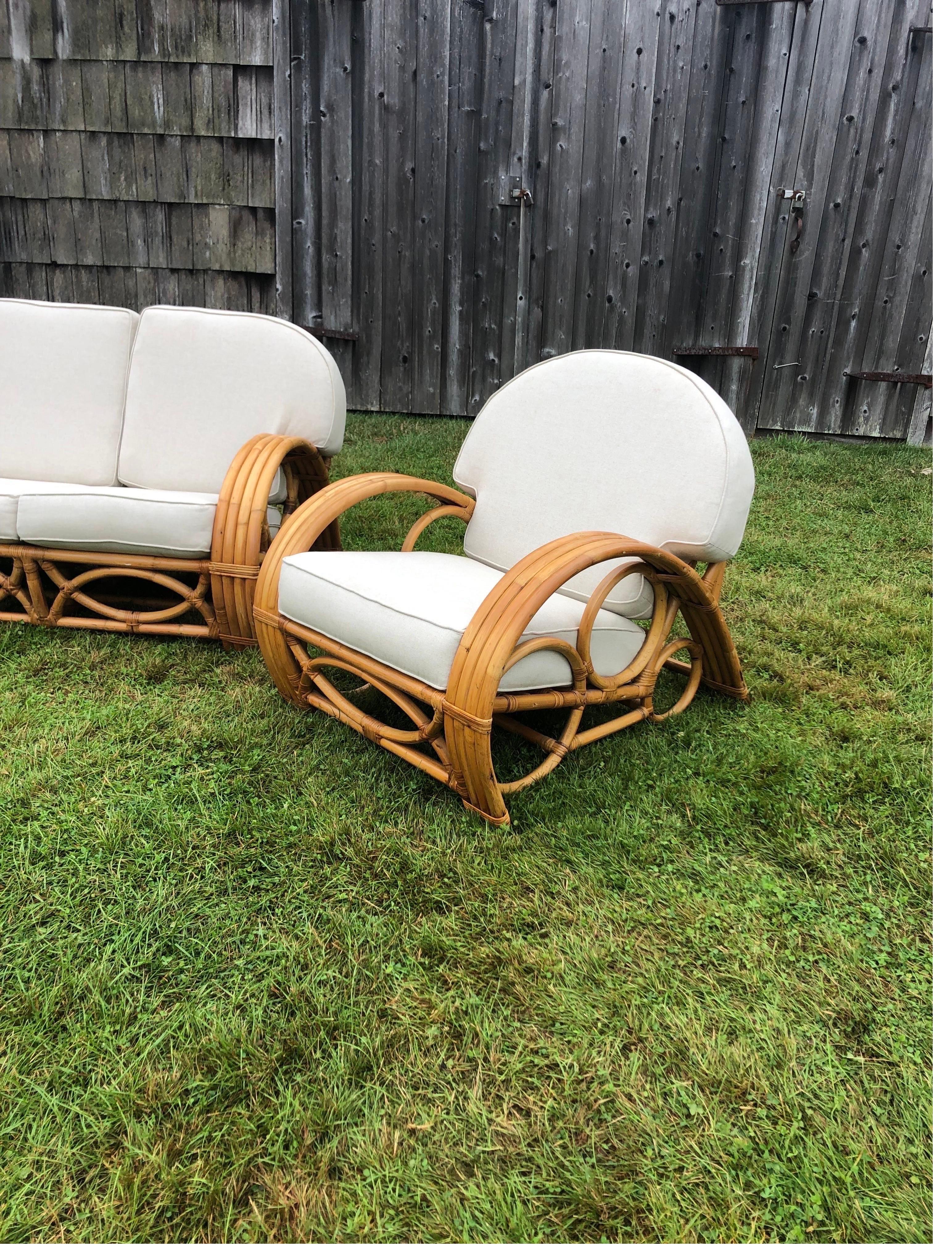 Restored Rattan 4 Strand Art Deco Living Room 3 Piece Set In Good Condition For Sale In Chapel Hill, NC