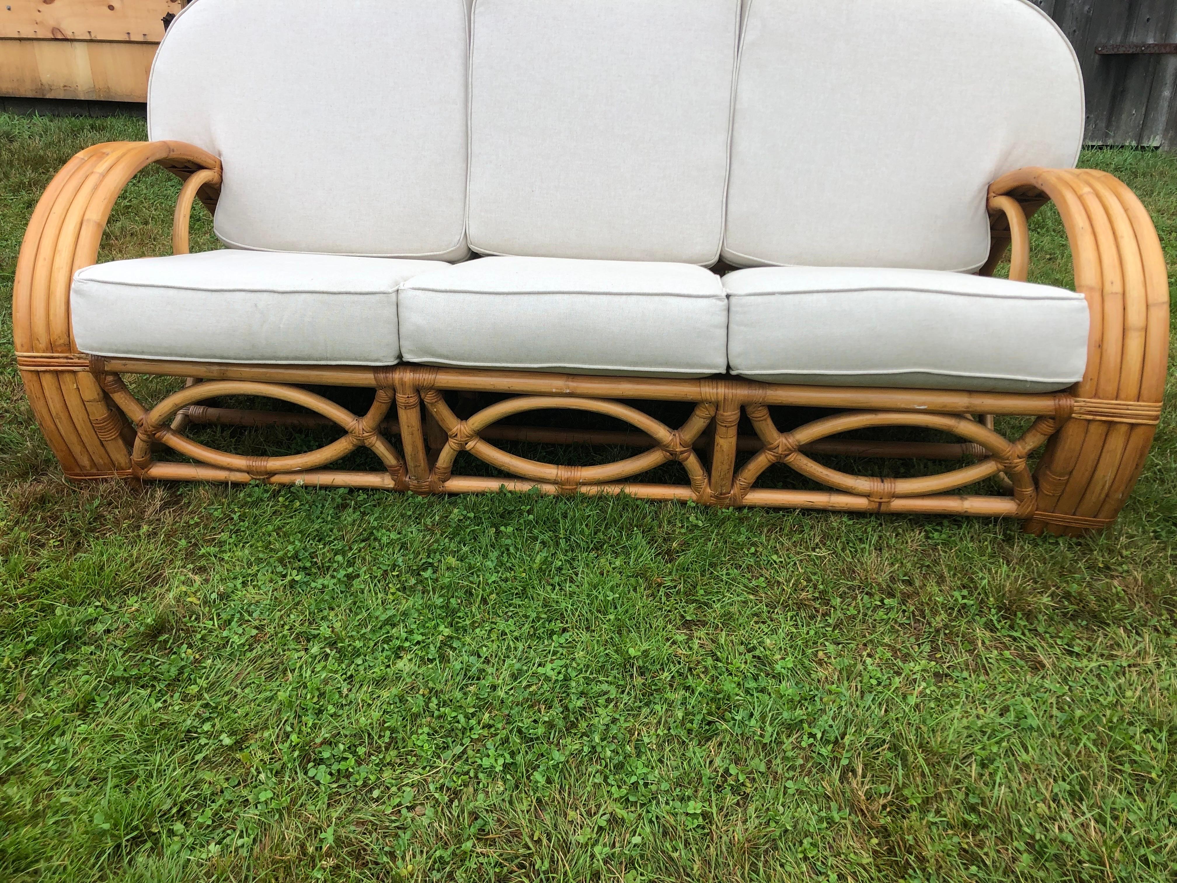 Mid-20th Century Restored Rattan 4 Strand Deco Living Room 3 Piece Set For Sale