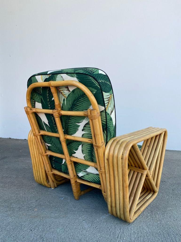 American Restored Rattan 5-Strand Square Pretzel Lounge Chair w/ Martinique Cushions For Sale