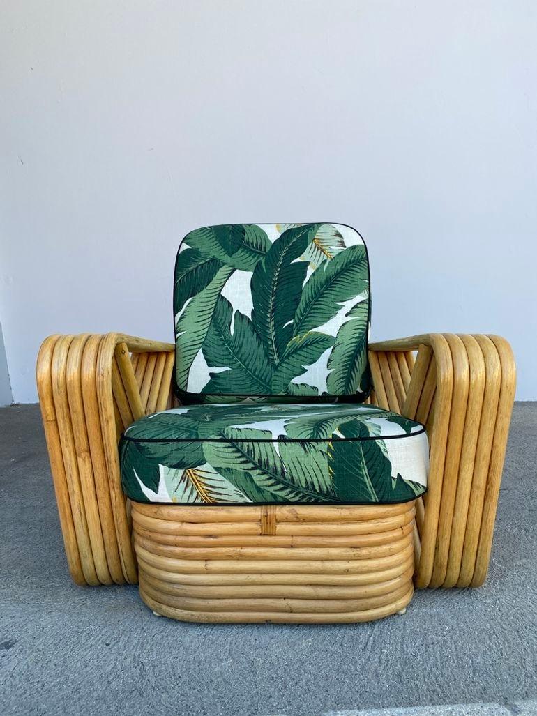 Mid-20th Century Restored Rattan 5-Strand Square Pretzel Lounge Chair w/ Martinique Cushions