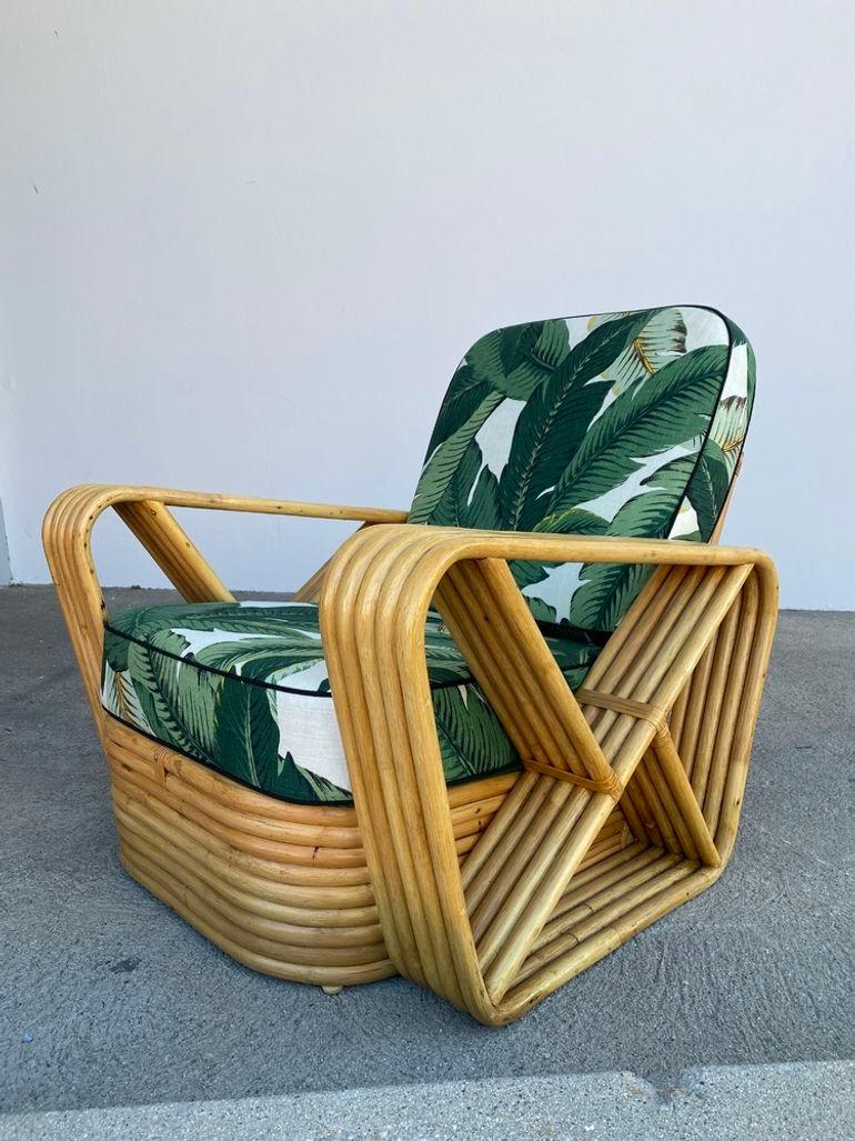 Mid-20th Century Restored Rattan 5-Strand Square Pretzel Lounge Chair w/ Martinique Cushions For Sale