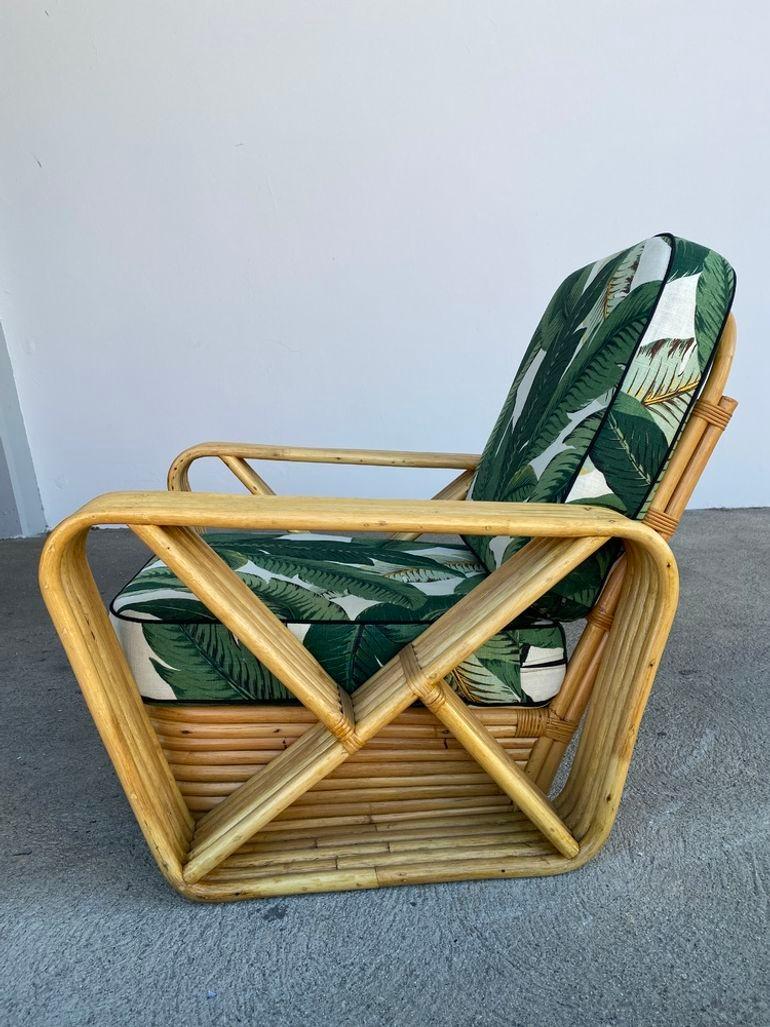 Restored Rattan 5-Strand Square Pretzel Lounge Chair w/ Martinique Cushions For Sale 2
